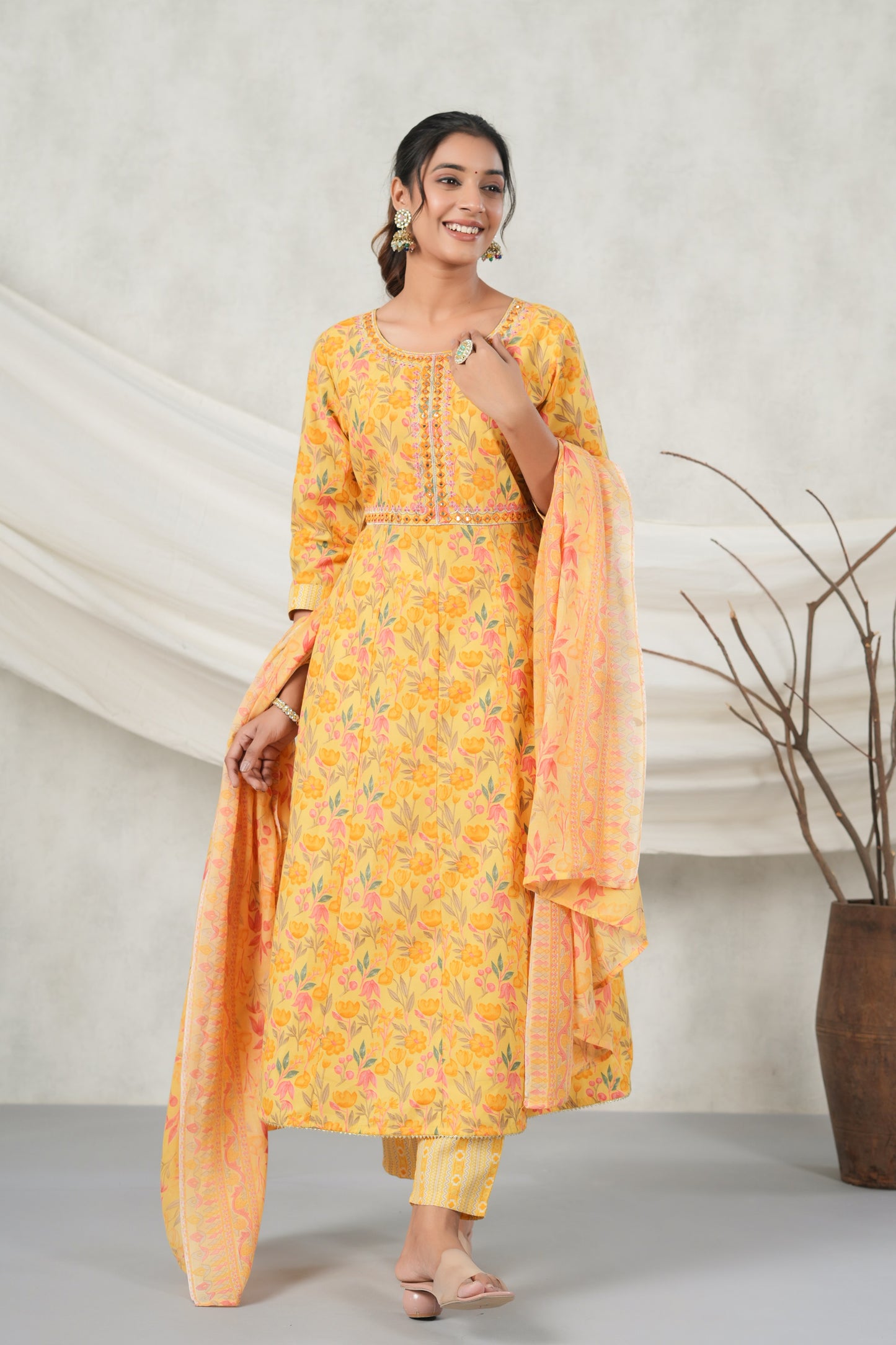 PUKHYA MUSTARD EMBROIDERED FLARED KURTA WITH PANT AND VOILE PRINTED DUPATTA