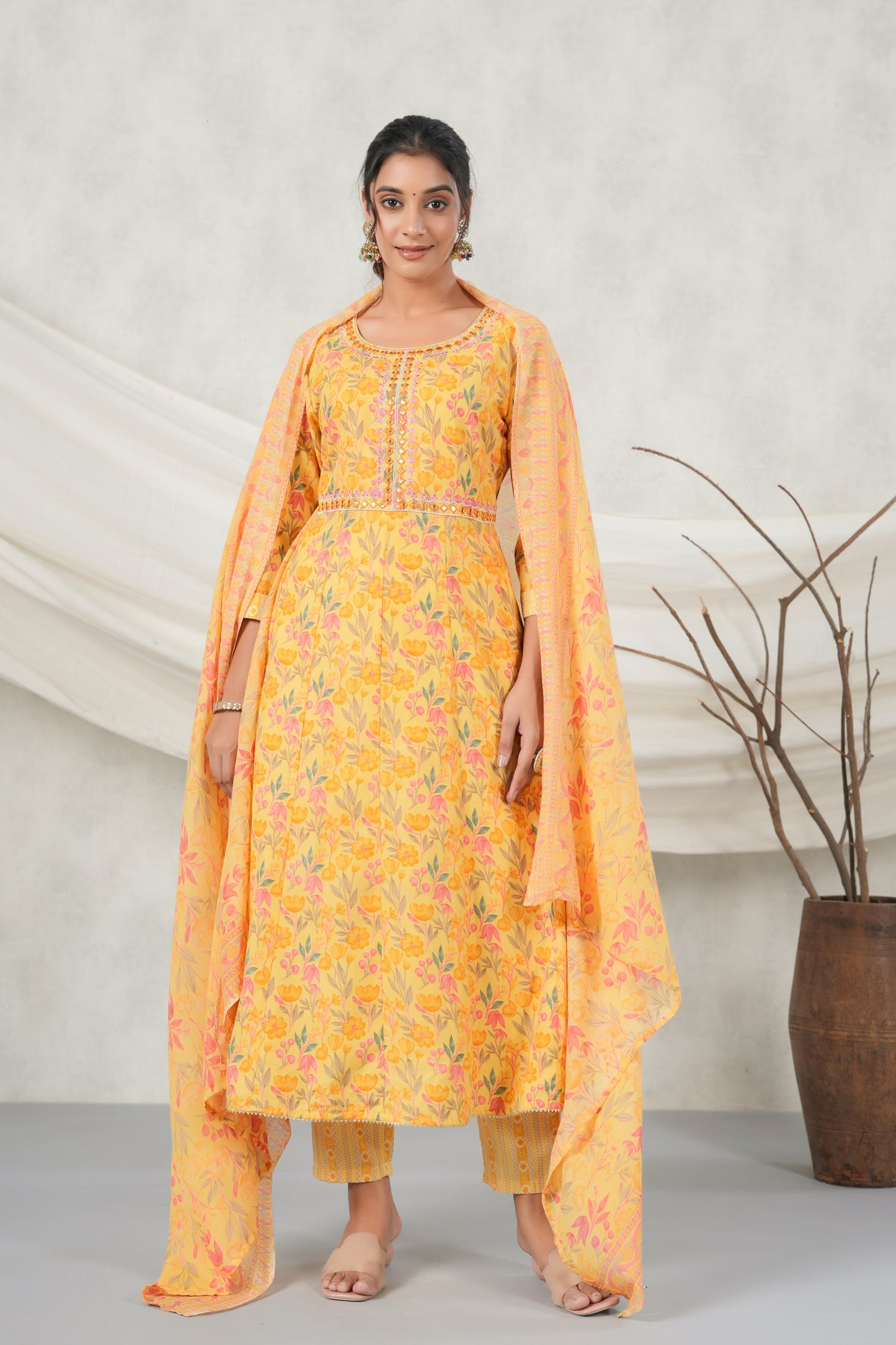 PUKHYA MUSTARD EMBROIDERED FLARED KURTA WITH PANT AND VOILE PRINTED DUPATTA