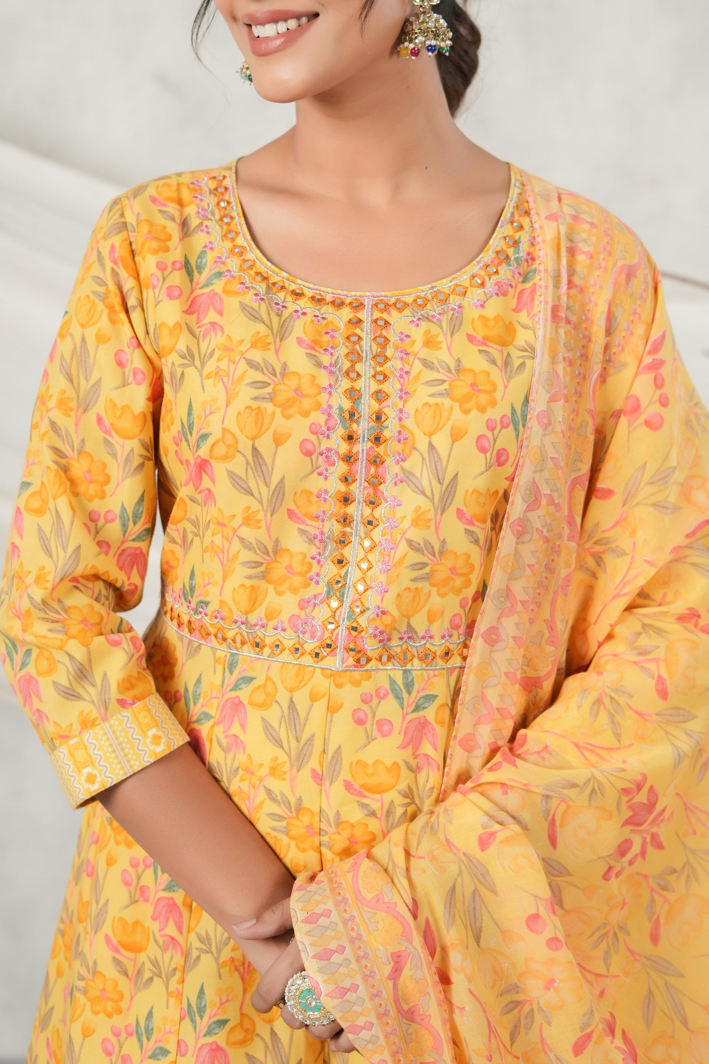 PUKHYA MUSTARD EMBROIDERED FLARED KURTA WITH PANT AND VOILE PRINTED DUPATTA