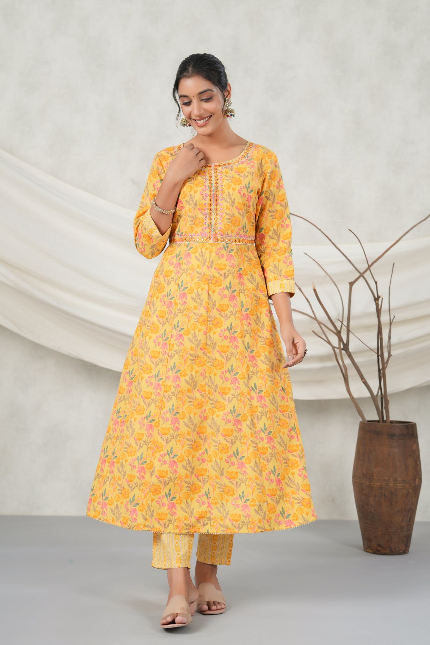 PUKHYA MUSTARD EMBROIDERED FLARED KURTA WITH PANT AND VOILE PRINTED DUPATTA