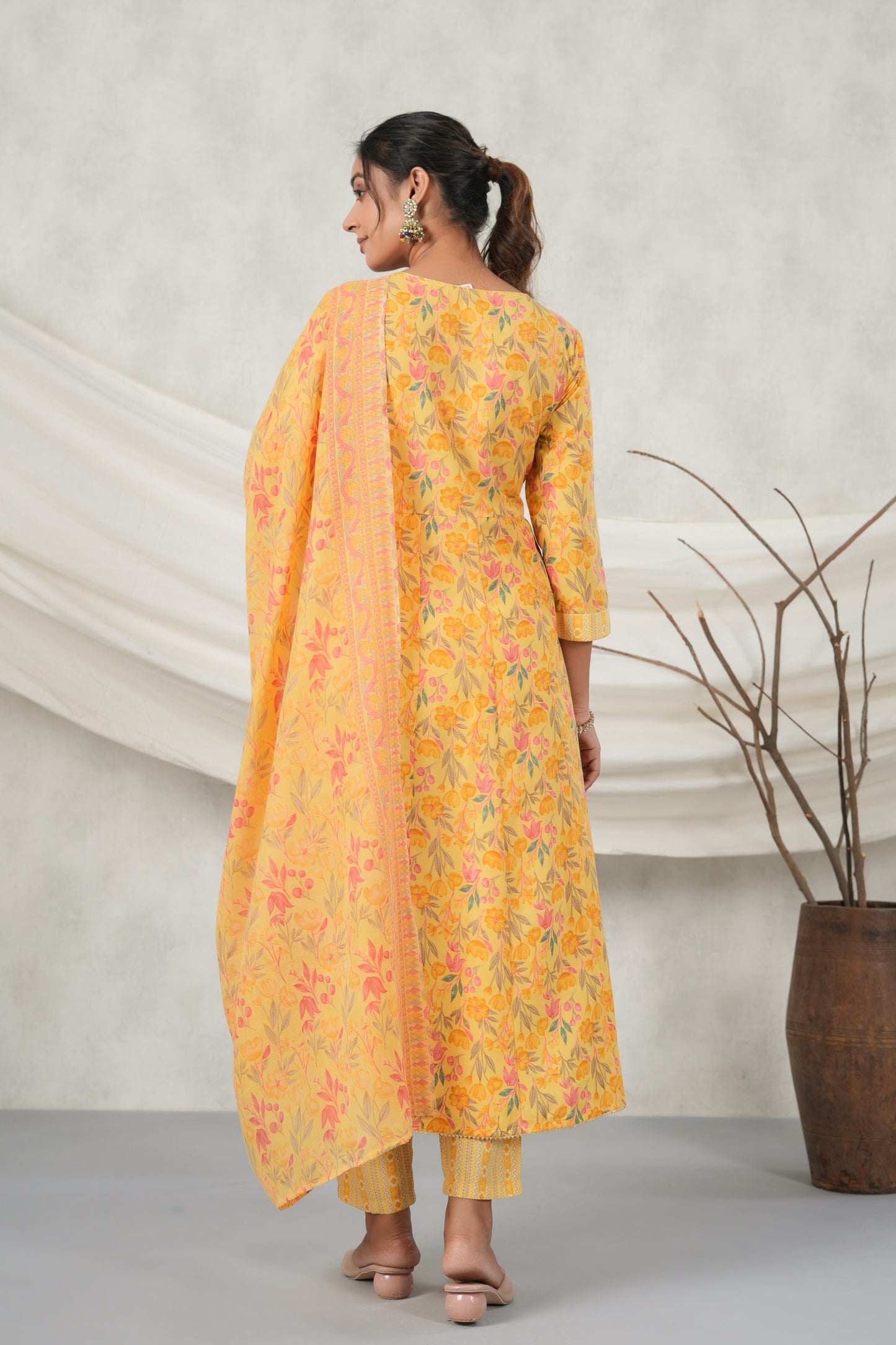 PUKHYA MUSTARD EMBROIDERED FLARED KURTA WITH PANT AND VOILE PRINTED DUPATTA