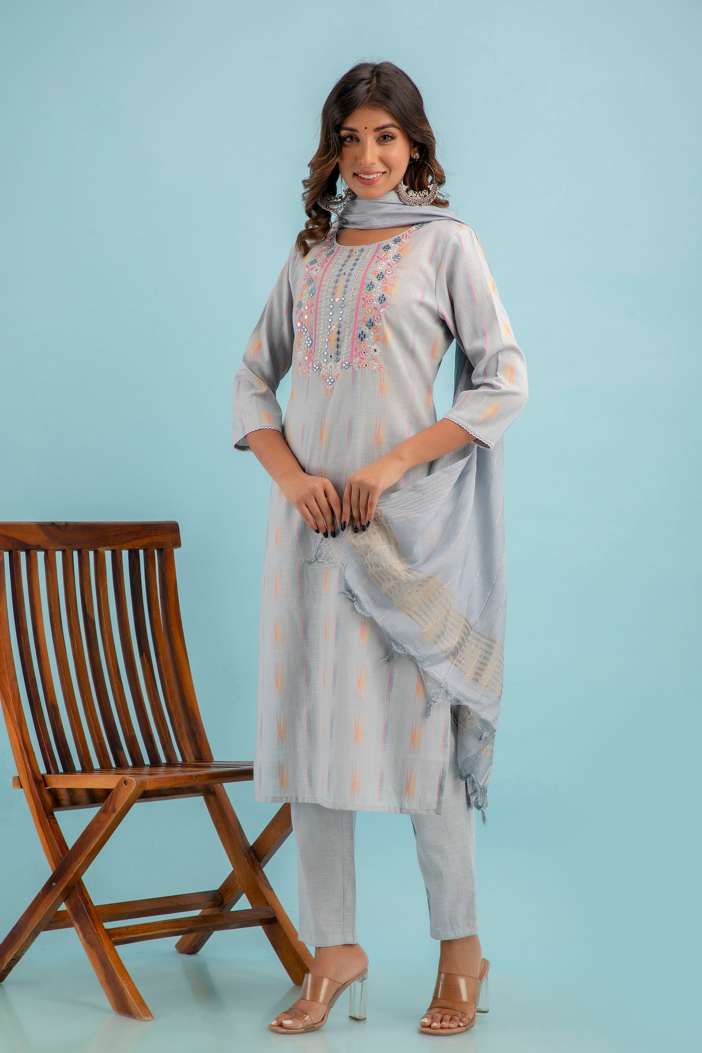 PUKHYA GREY EMBROIDERED STRAIGHT FIT KURTA WITH PANT AND CHANDERI DUPATTA