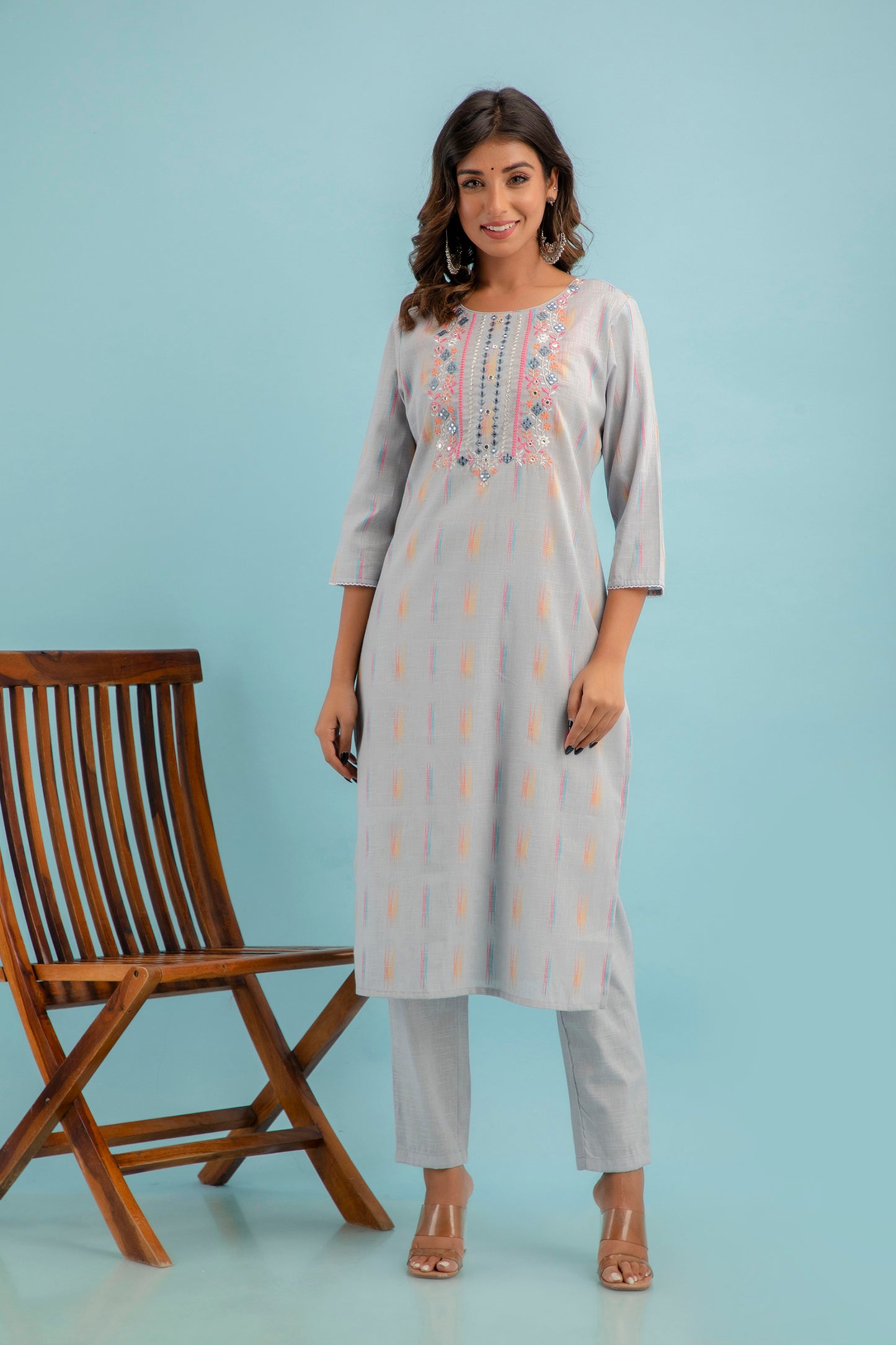 PUKHYA GREY EMBROIDERED STRAIGHT FIT KURTA WITH PANT AND CHANDERI DUPATTA