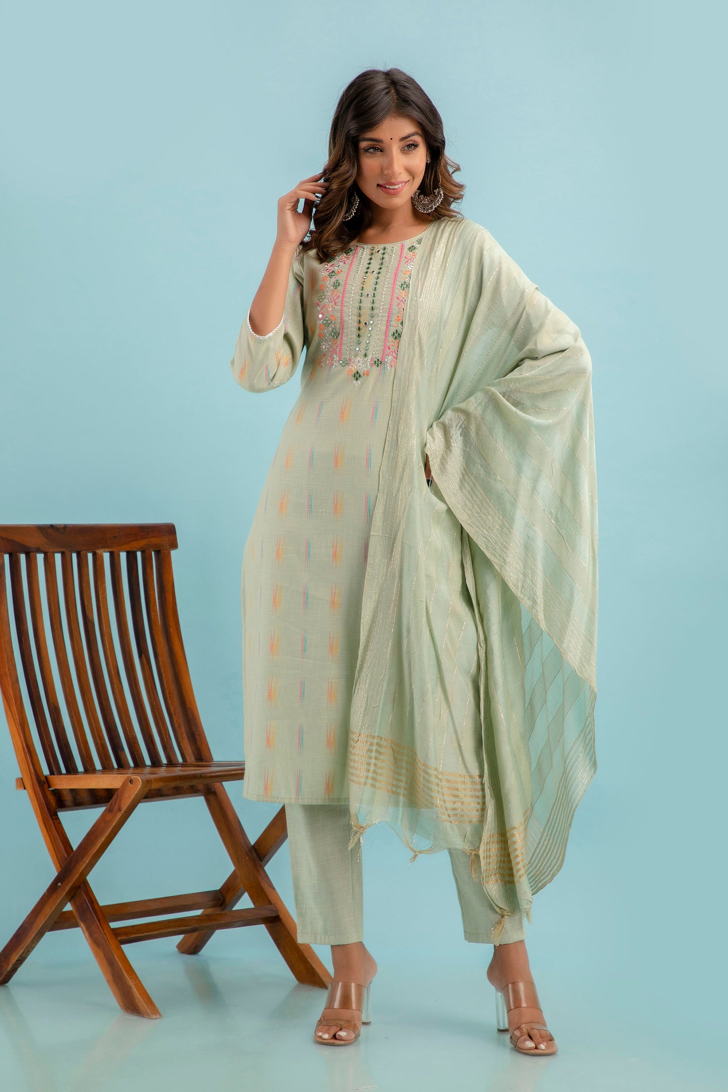 PUKHYA PISTA EMBROIDERED STRAIGHT FIT KURTA WITH PANT AND CHANDERI DUPATTA