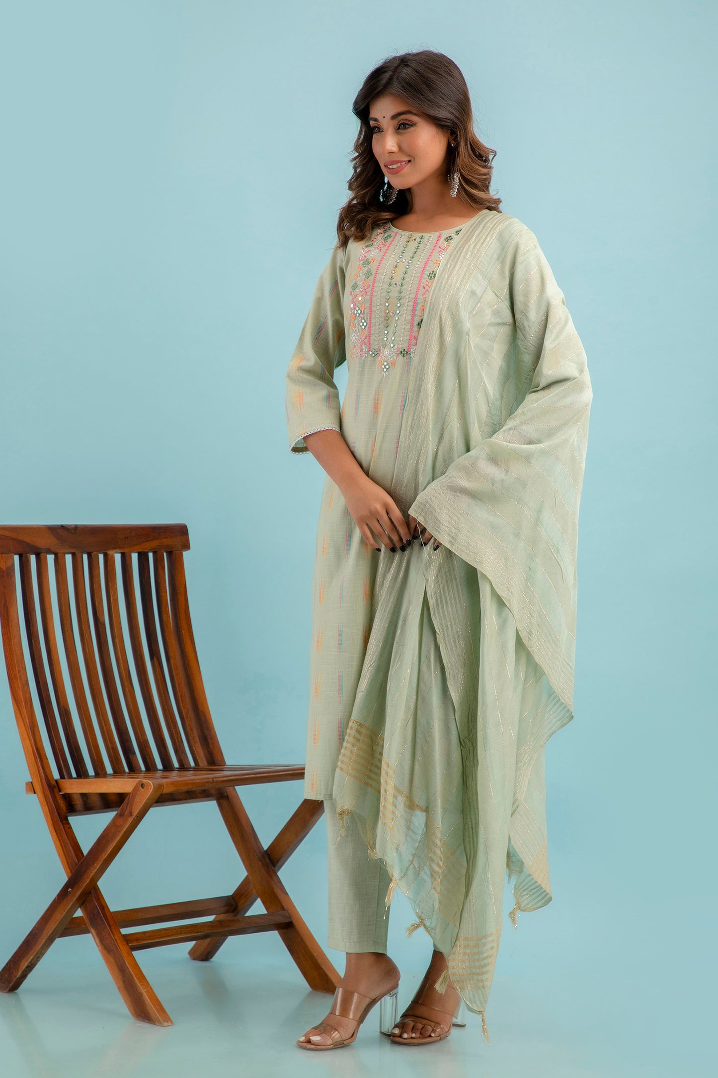 PUKHYA PISTA EMBROIDERED STRAIGHT FIT KURTA WITH PANT AND CHANDERI DUPATTA