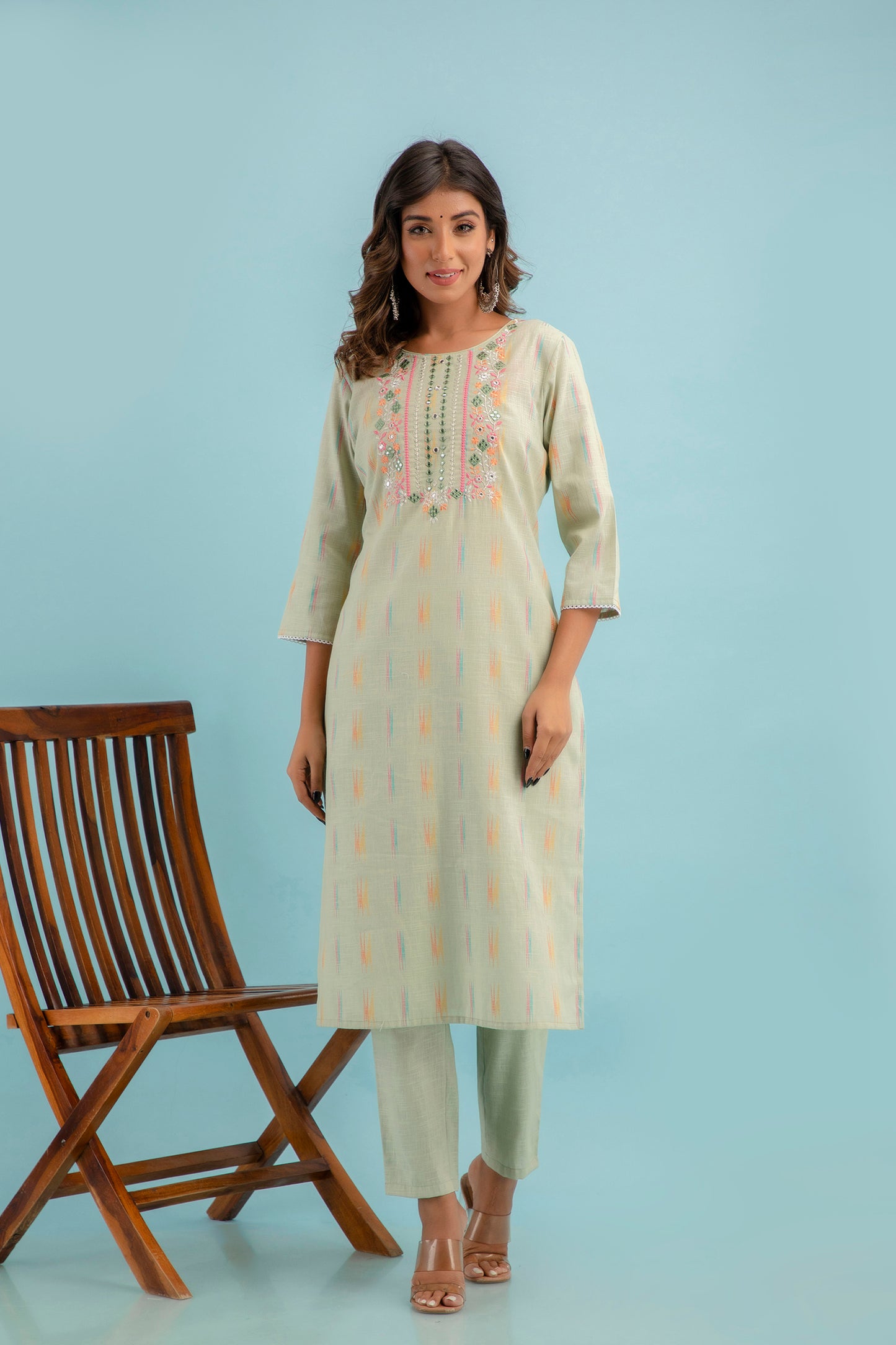 PUKHYA PISTA EMBROIDERED STRAIGHT FIT KURTA WITH PANT AND CHANDERI DUPATTA