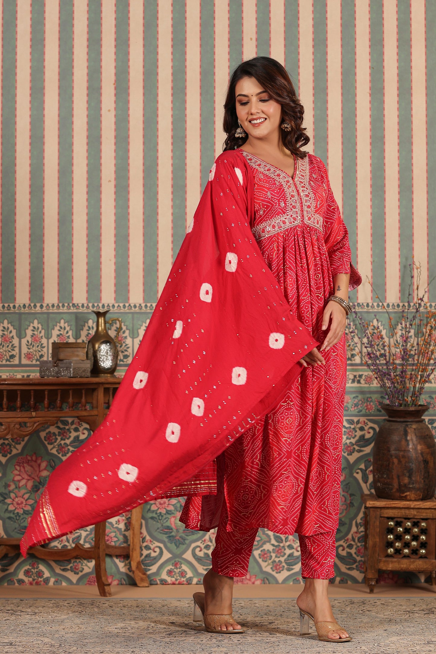 PUKHYA RANI BANDHEJ ALIA CUT EMBROIDERED FLARED KURTA WITH PANT AND CHANDERI DUPATTA