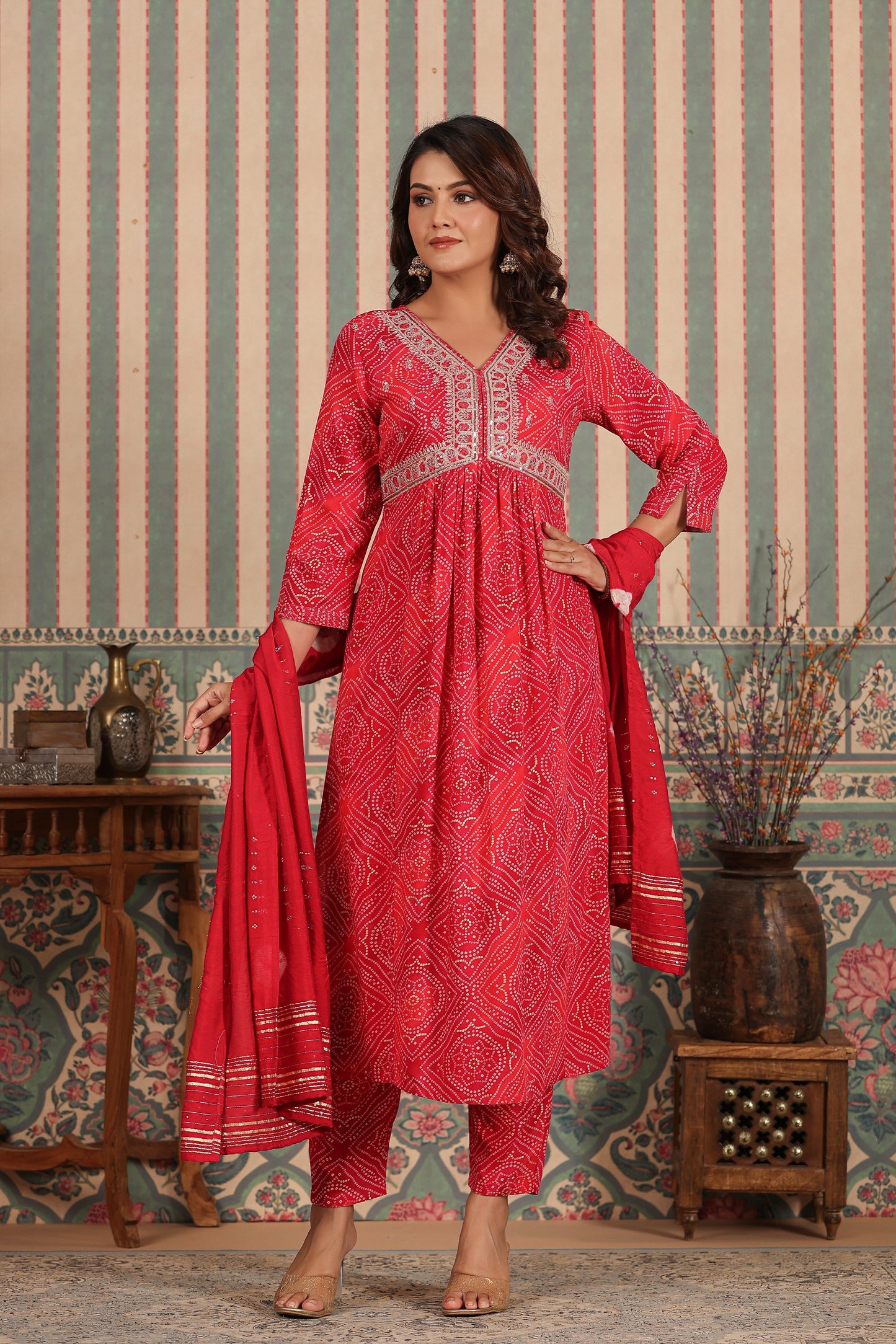 PUKHYA RANI BANDHEJ ALIA CUT EMBROIDERED FLARED KURTA WITH PANT AND CHANDERI DUPATTA