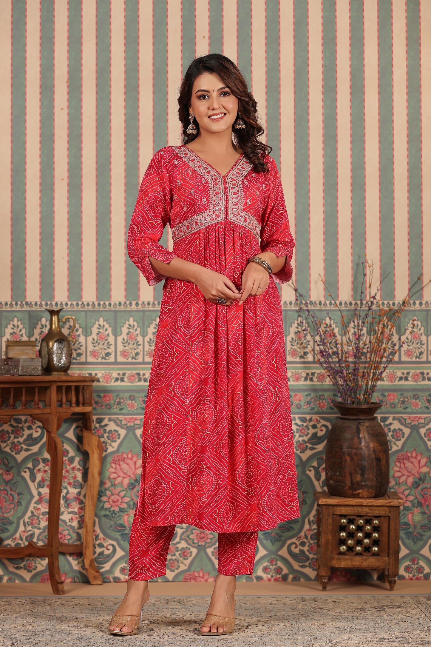 PUKHYA RANI BANDHEJ ALIA CUT EMBROIDERED FLARED KURTA WITH PANT AND CHANDERI DUPATTA