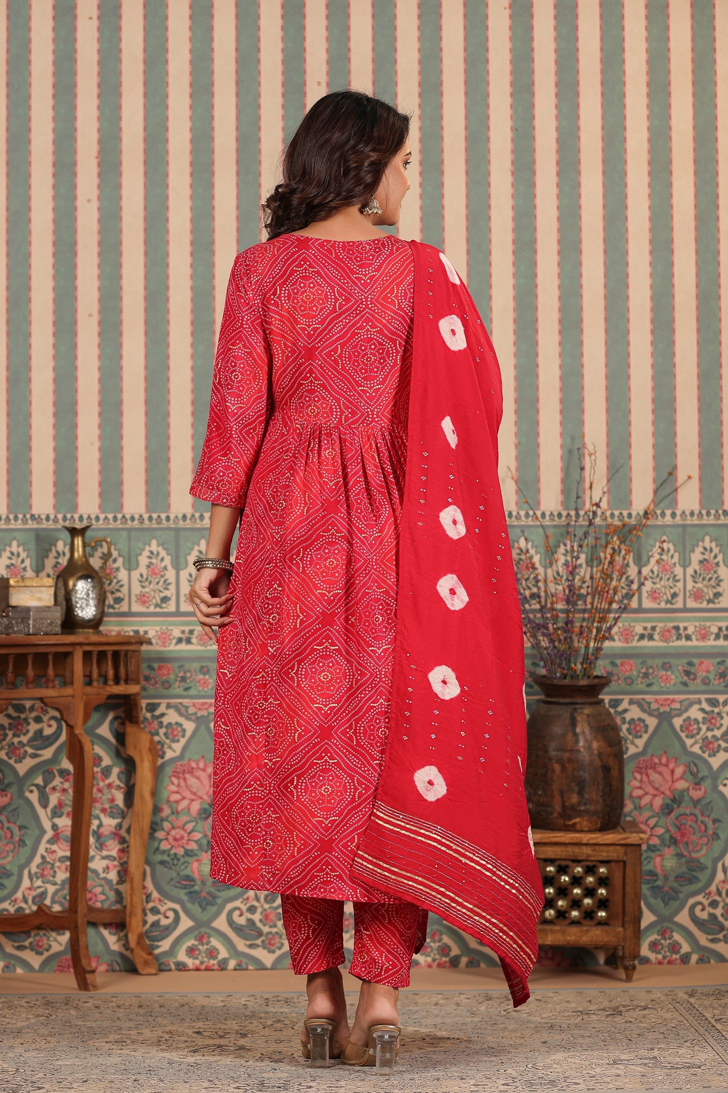 PUKHYA RANI BANDHEJ ALIA CUT EMBROIDERED FLARED KURTA WITH PANT AND CHANDERI DUPATTA