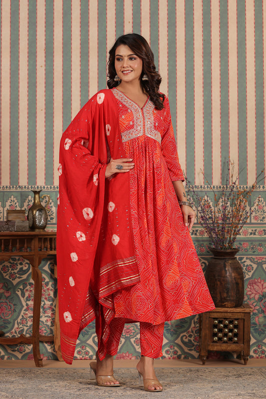 PUKHYA RED BANDHEJ ALIA CUT EMBROIDERED FLARED KURTA WITH PANT AND CHANDERI DUPATTA