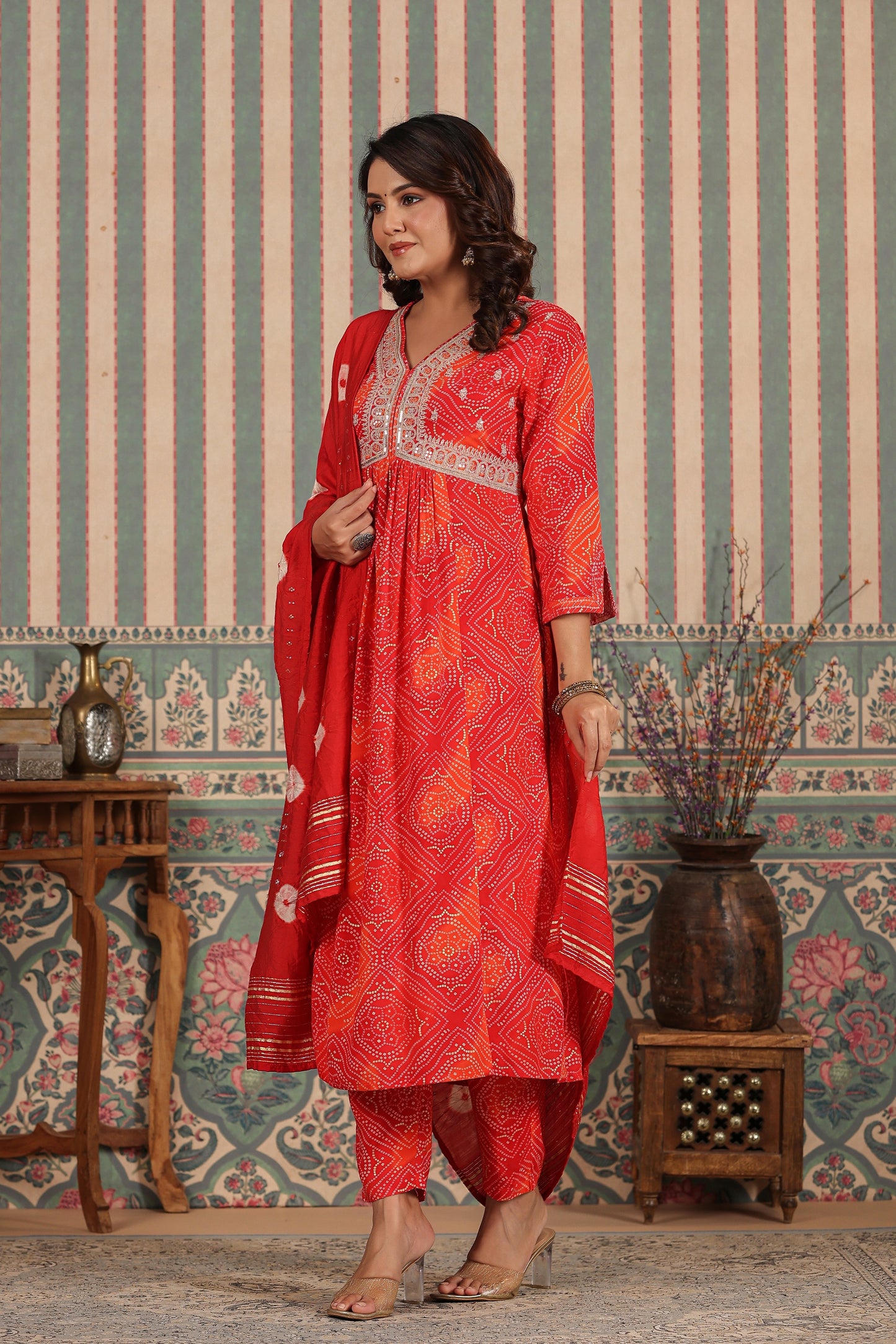 PUKHYA RED BANDHEJ ALIA CUT EMBROIDERED FLARED KURTA WITH PANT AND CHANDERI DUPATTA