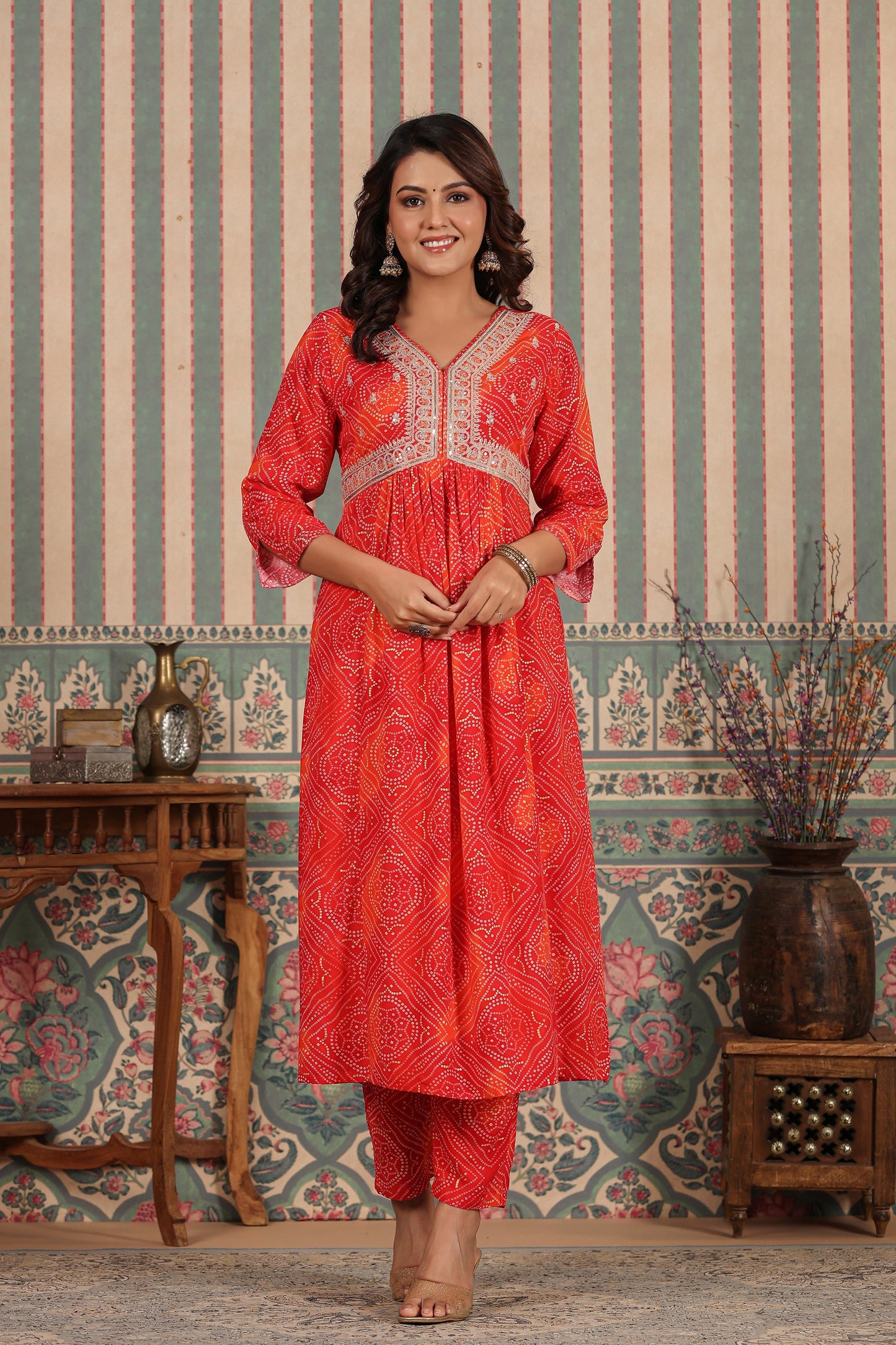 PUKHYA RED BANDHEJ ALIA CUT EMBROIDERED FLARED KURTA WITH PANT AND CHANDERI DUPATTA