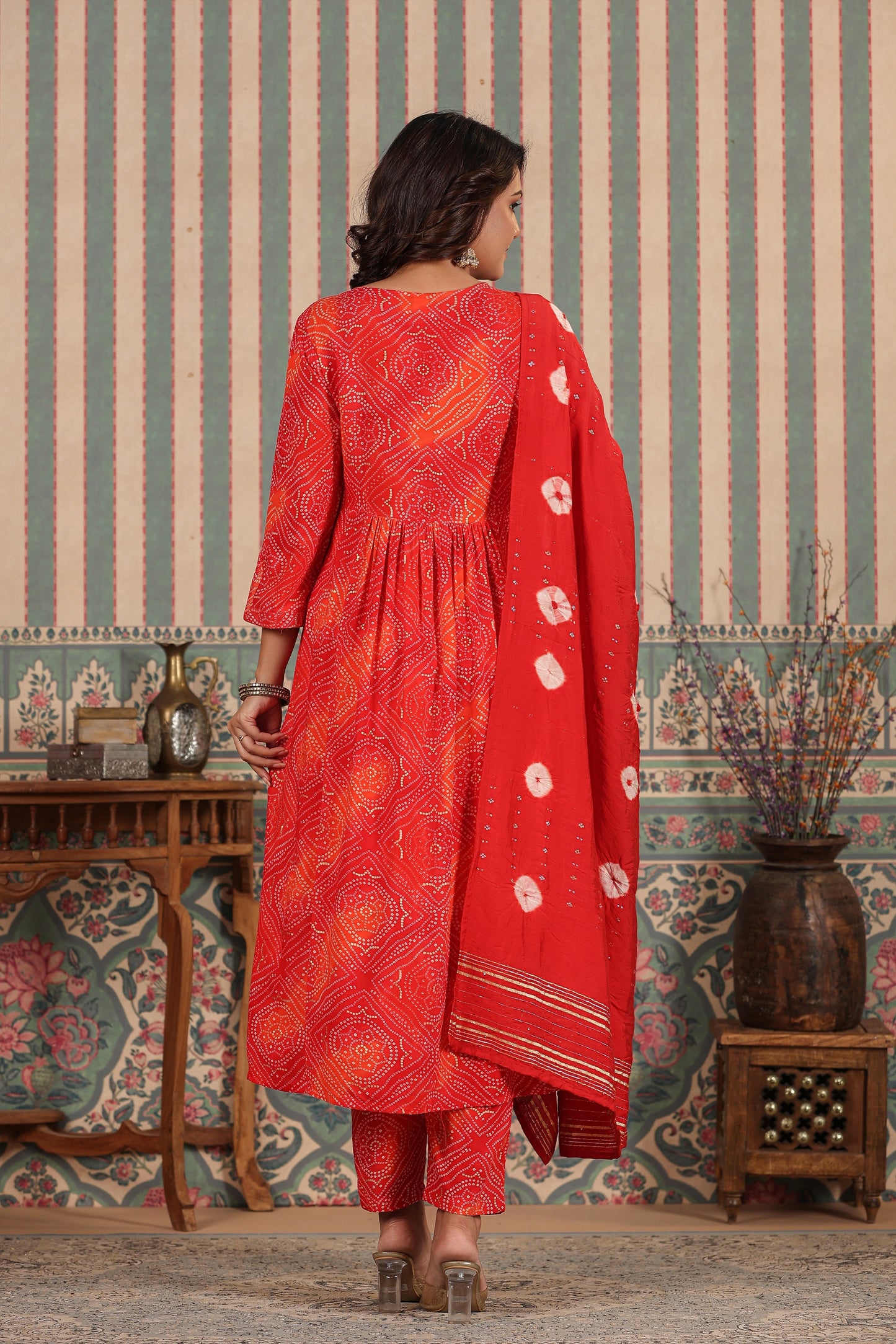 PUKHYA RED BANDHEJ ALIA CUT EMBROIDERED FLARED KURTA WITH PANT AND CHANDERI DUPATTA