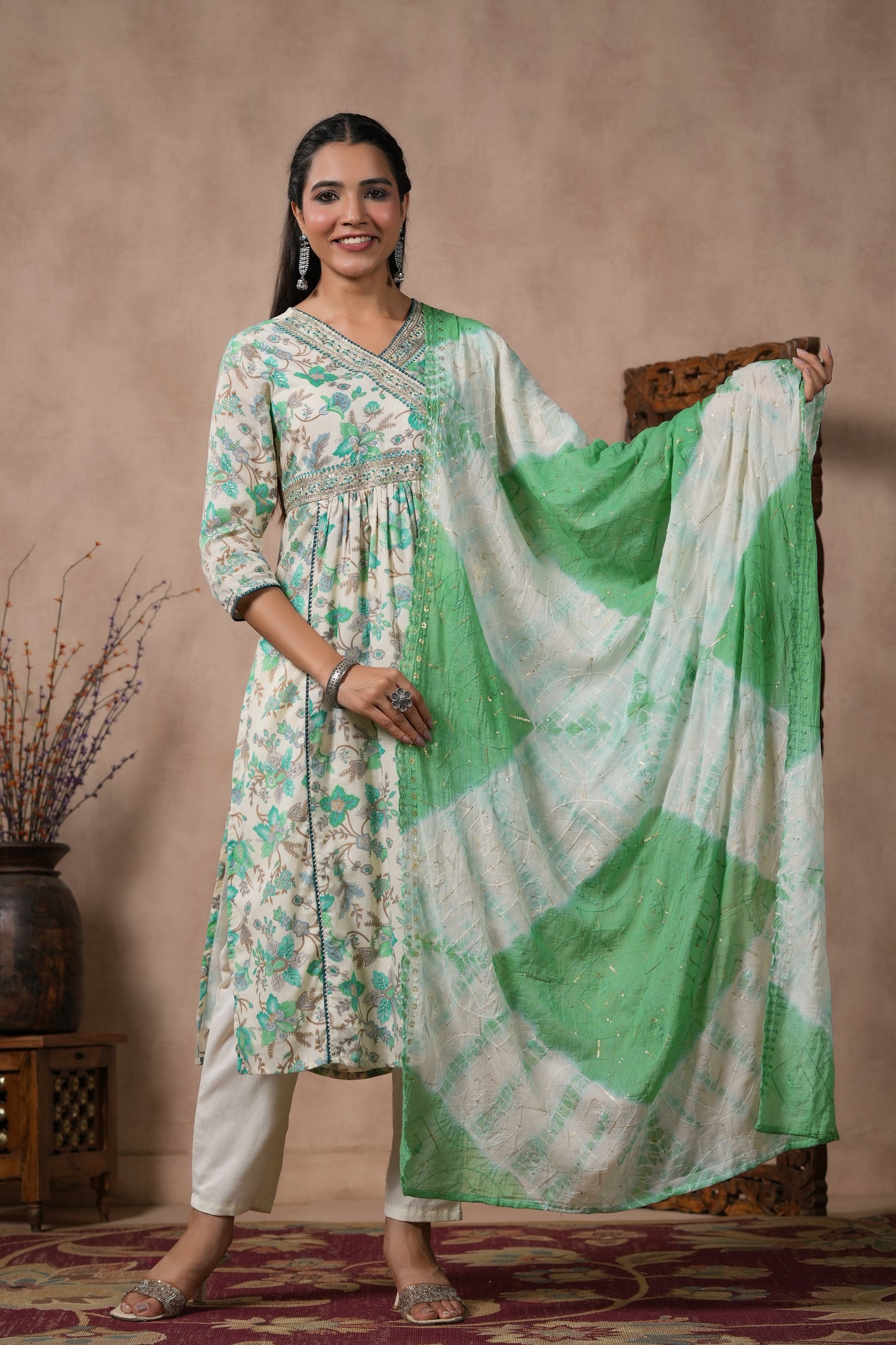 PUKHYA RAMA PRINTED EMBROIDERED STRAIGHT FIT KURTA WITH PANT AND VOILE DUPATTA