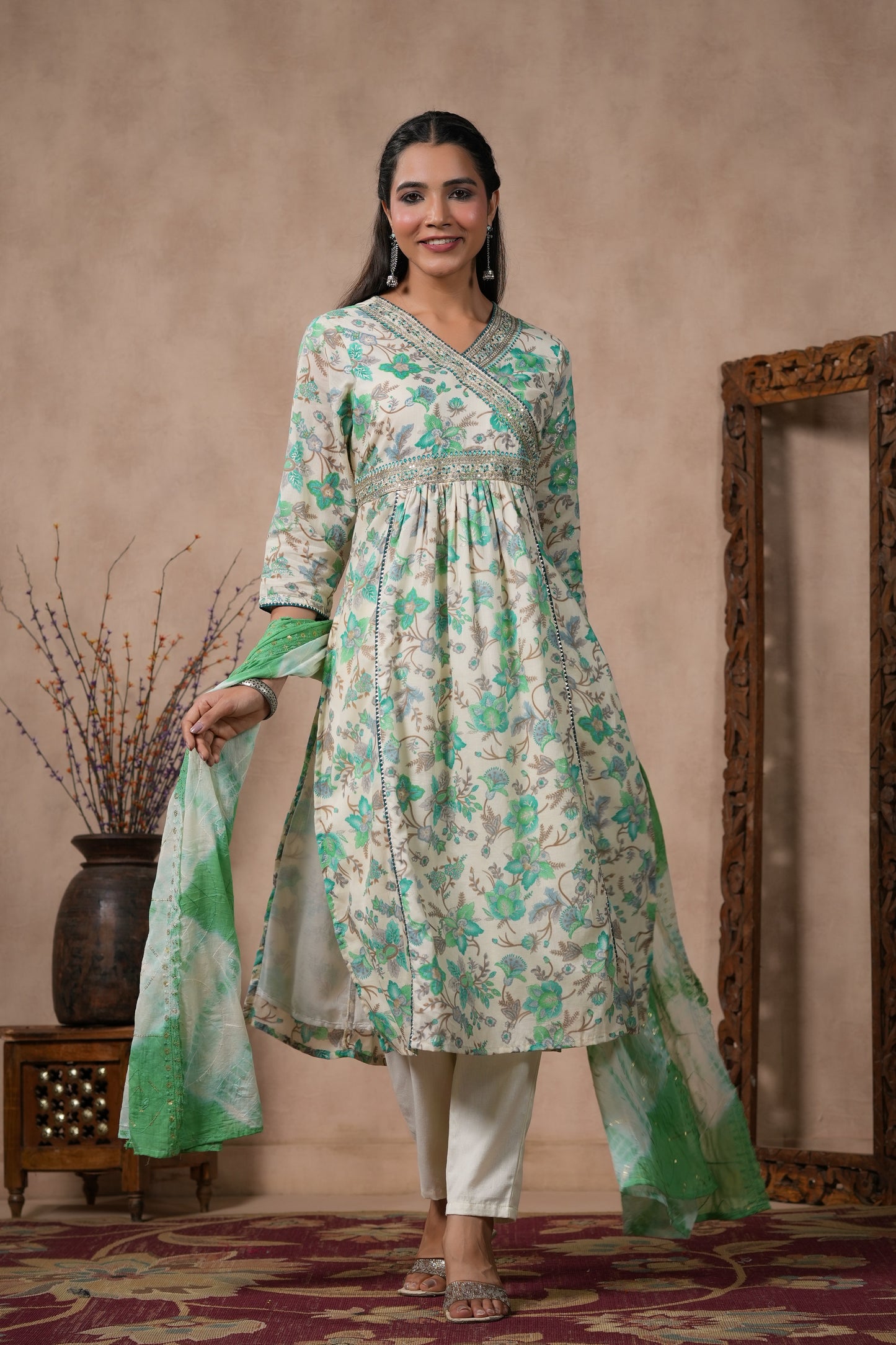 PUKHYA RAMA PRINTED EMBROIDERED STRAIGHT FIT KURTA WITH PANT AND VOILE DUPATTA