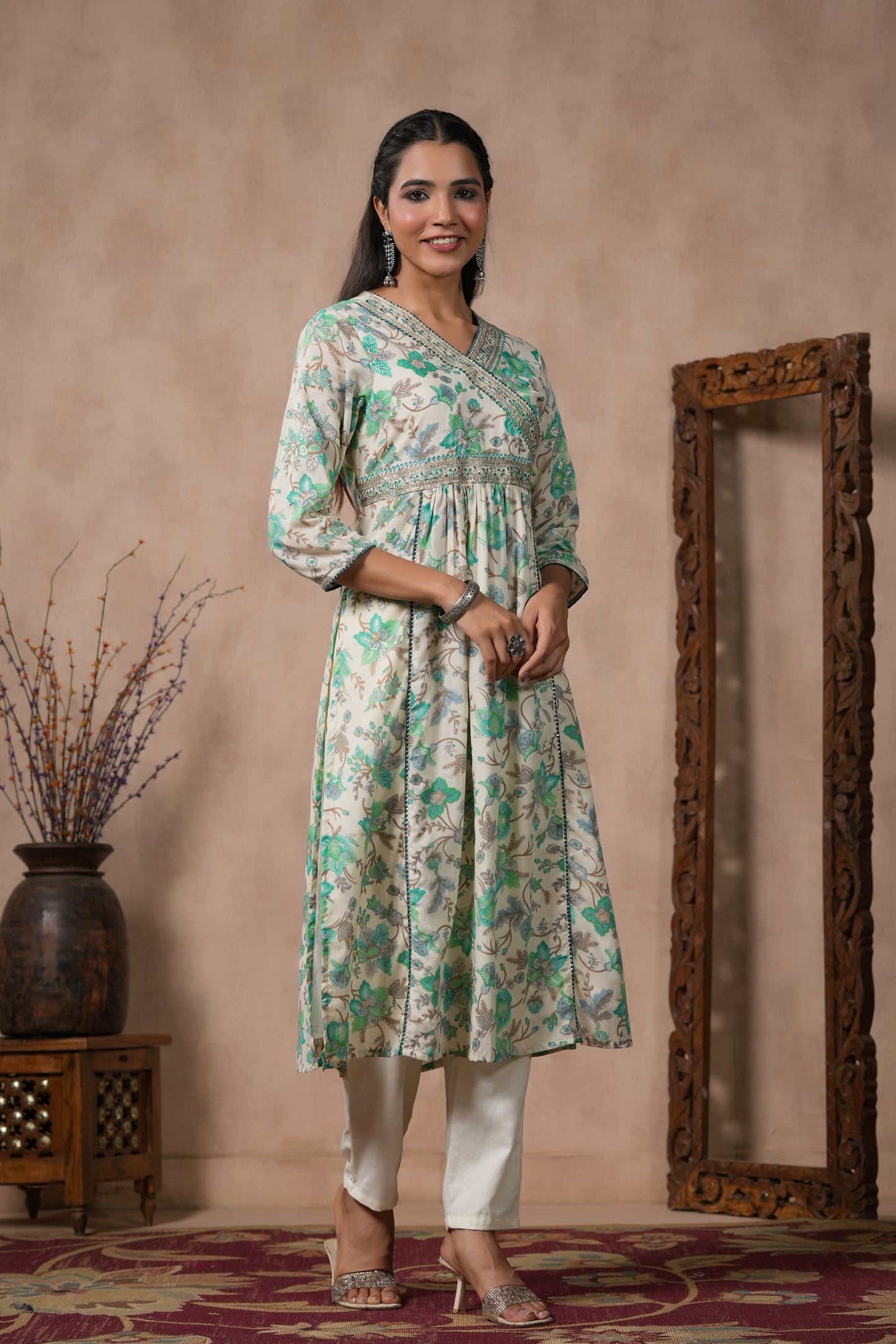 PUKHYA RAMA PRINTED EMBROIDERED STRAIGHT FIT KURTA WITH PANT AND VOILE DUPATTA