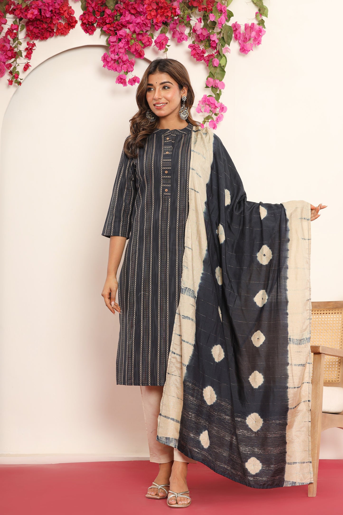 PUKHYA BLACK STRAIGHT FIT KURTA WITH PANT AND CHANDERI DUPATTA