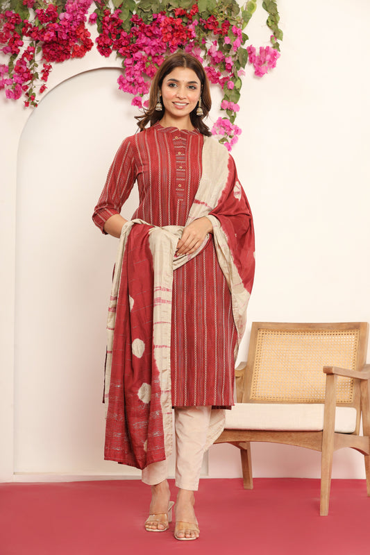 PUKHYA MAROON STRAIGHT FIT KURTA WITH PANT AND CHANDERI DUPATTA