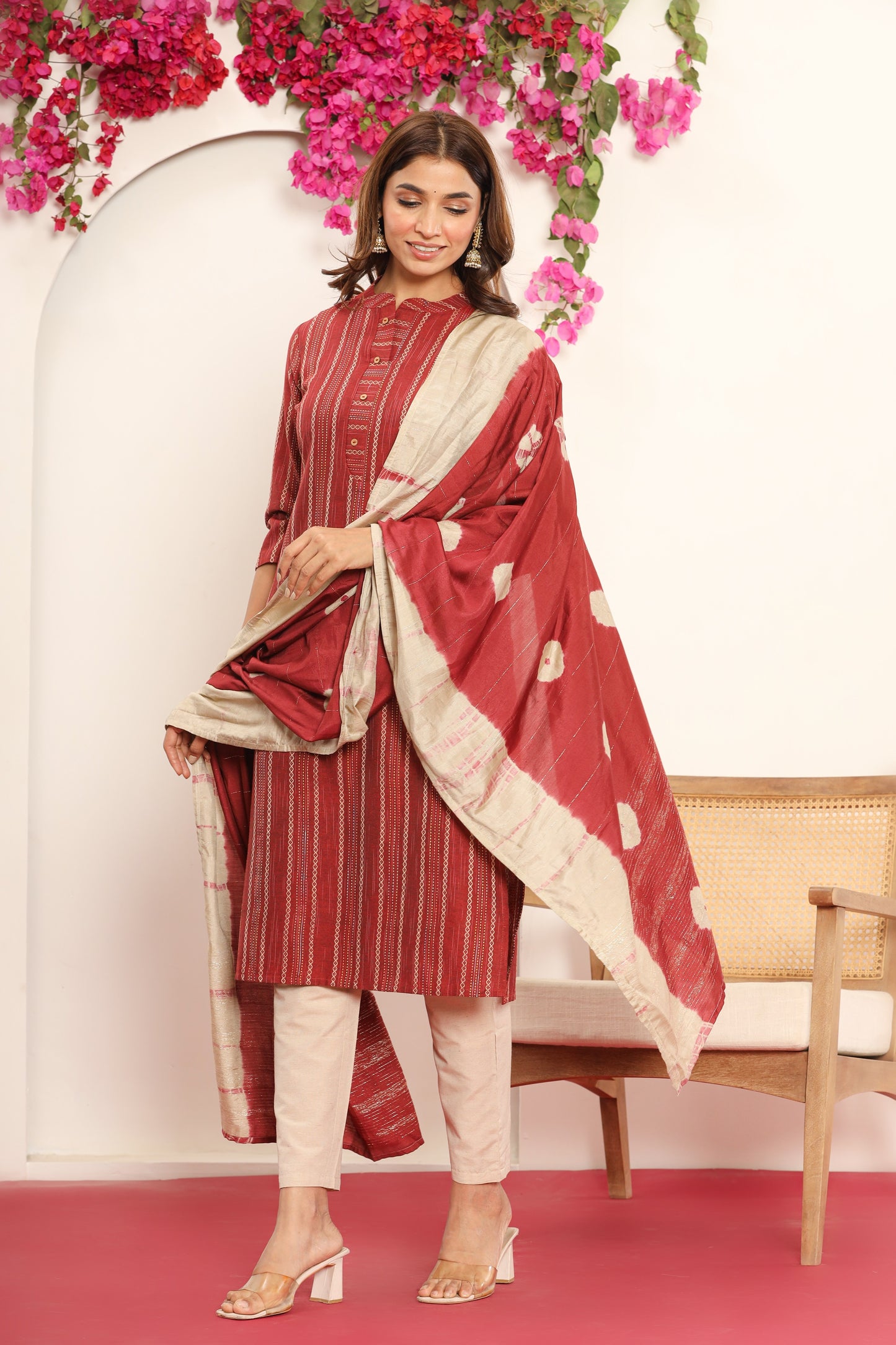 PUKHYA MAROON STRAIGHT FIT KURTA WITH PANT AND CHANDERI DUPATTA