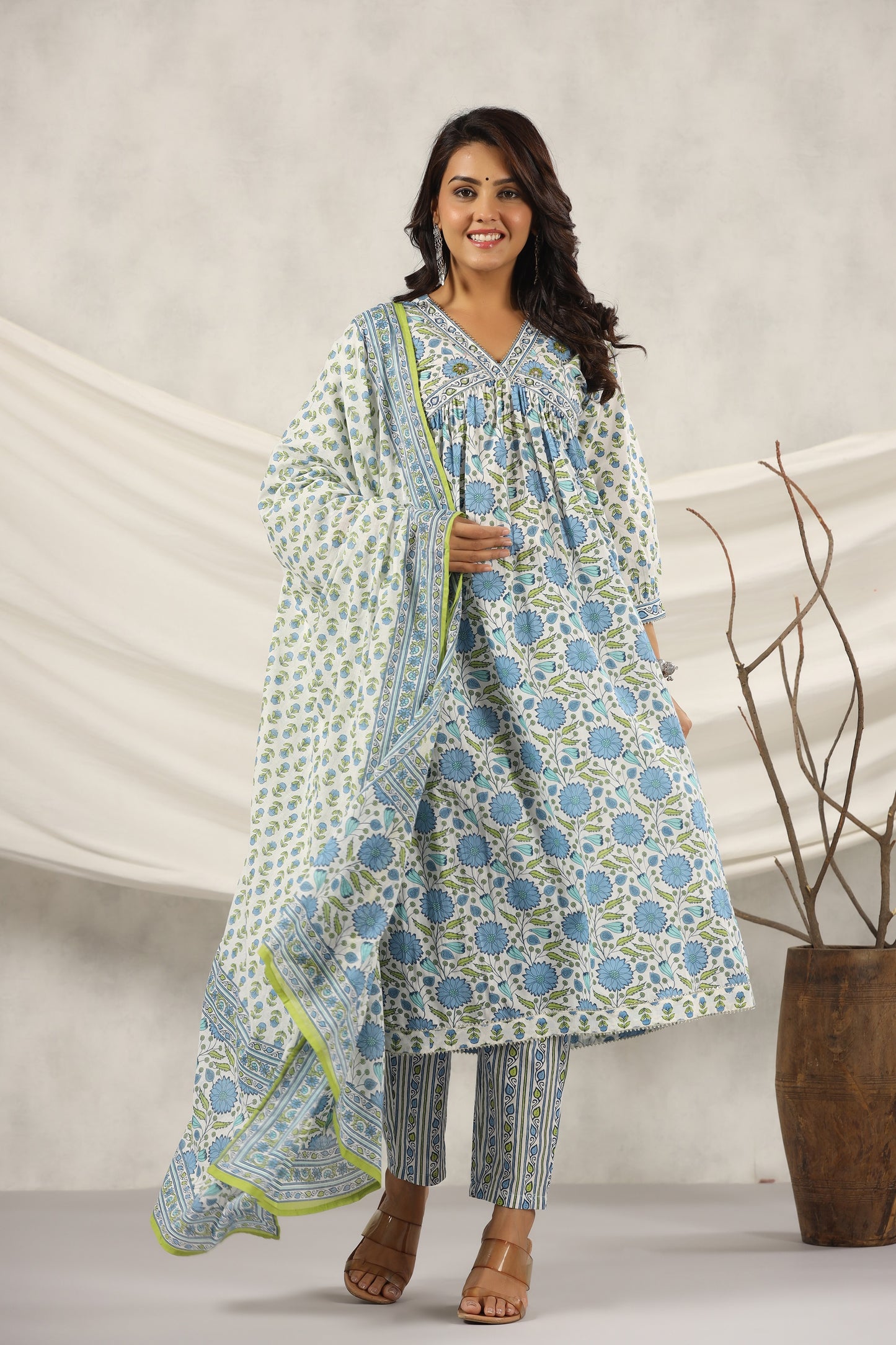 PUKHYA BLUE PRINTED ADDA WORK ALIA CUT KURTA WITH PANT AND VOILE PRINTED DUPATTA