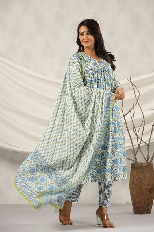 PUKHYA BLUE PRINTED ADDA WORK ALIA CUT KURTA WITH PANT AND VOILE PRINTED DUPATTA