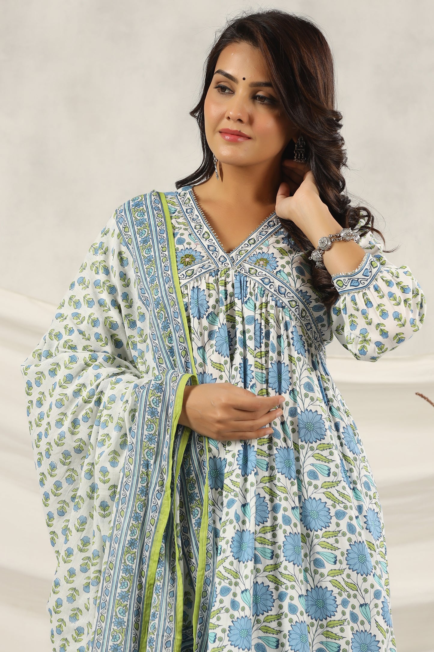 PUKHYA BLUE PRINTED ADDA WORK ALIA CUT KURTA WITH PANT AND VOILE PRINTED DUPATTA