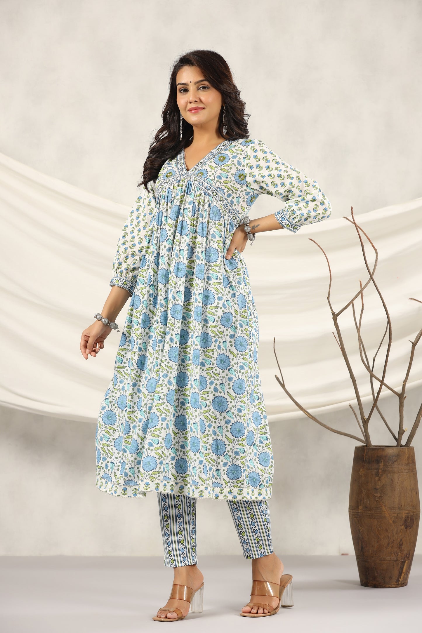 PUKHYA BLUE PRINTED ADDA WORK ALIA CUT KURTA WITH PANT AND VOILE PRINTED DUPATTA