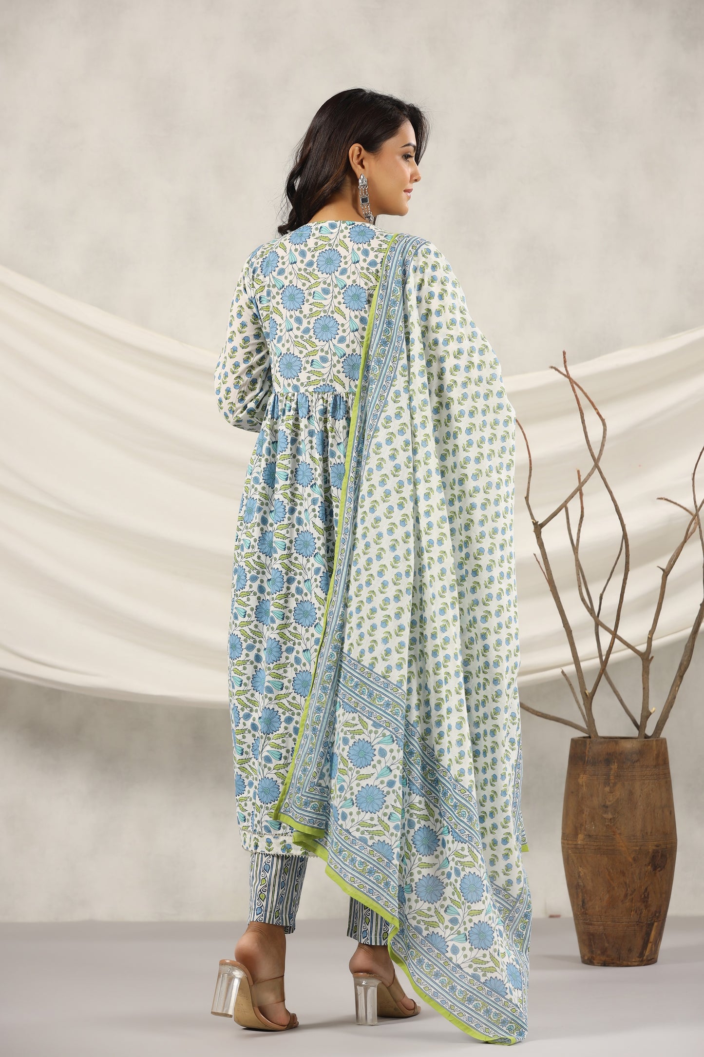 PUKHYA BLUE PRINTED ADDA WORK ALIA CUT KURTA WITH PANT AND VOILE PRINTED DUPATTA