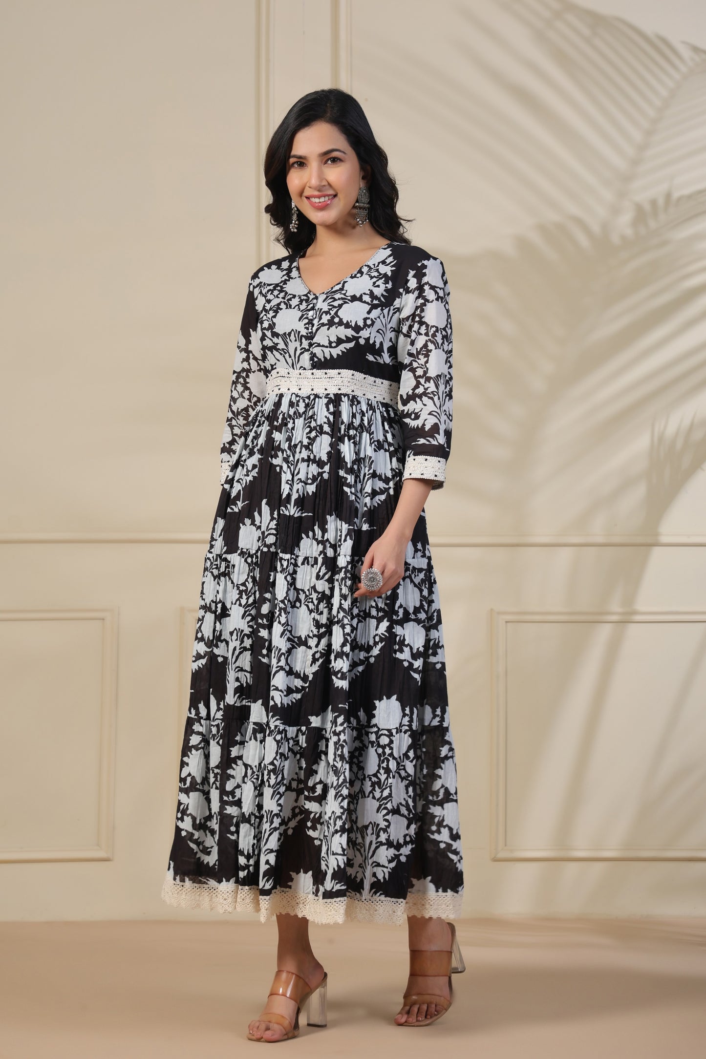 PUKHYA BLACK PRINTED FLARED GOWN WITH EMBROIDERY, LACE AND BUTTON