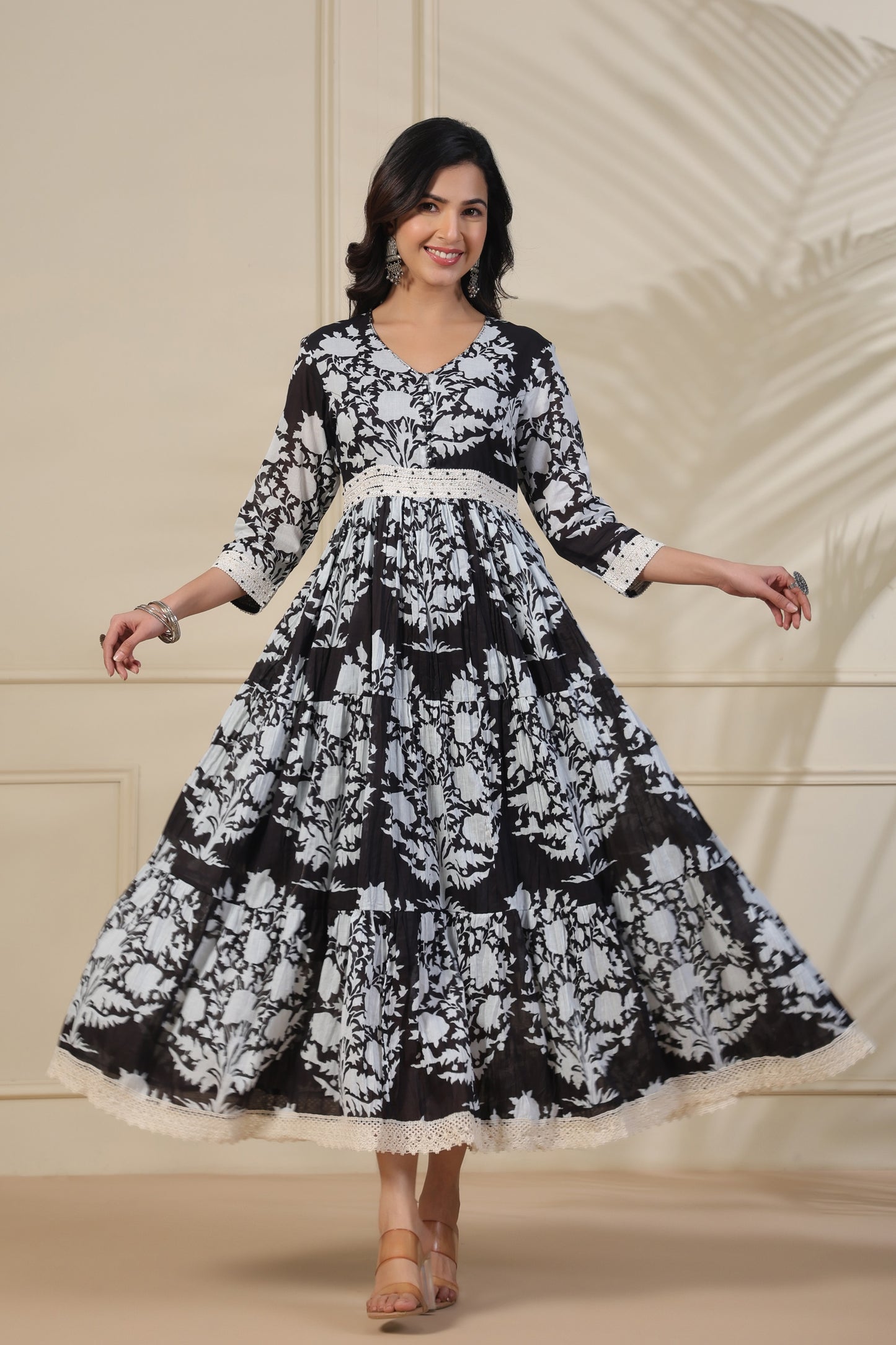 PUKHYA BLACK PRINTED FLARED GOWN WITH EMBROIDERY, LACE AND BUTTON