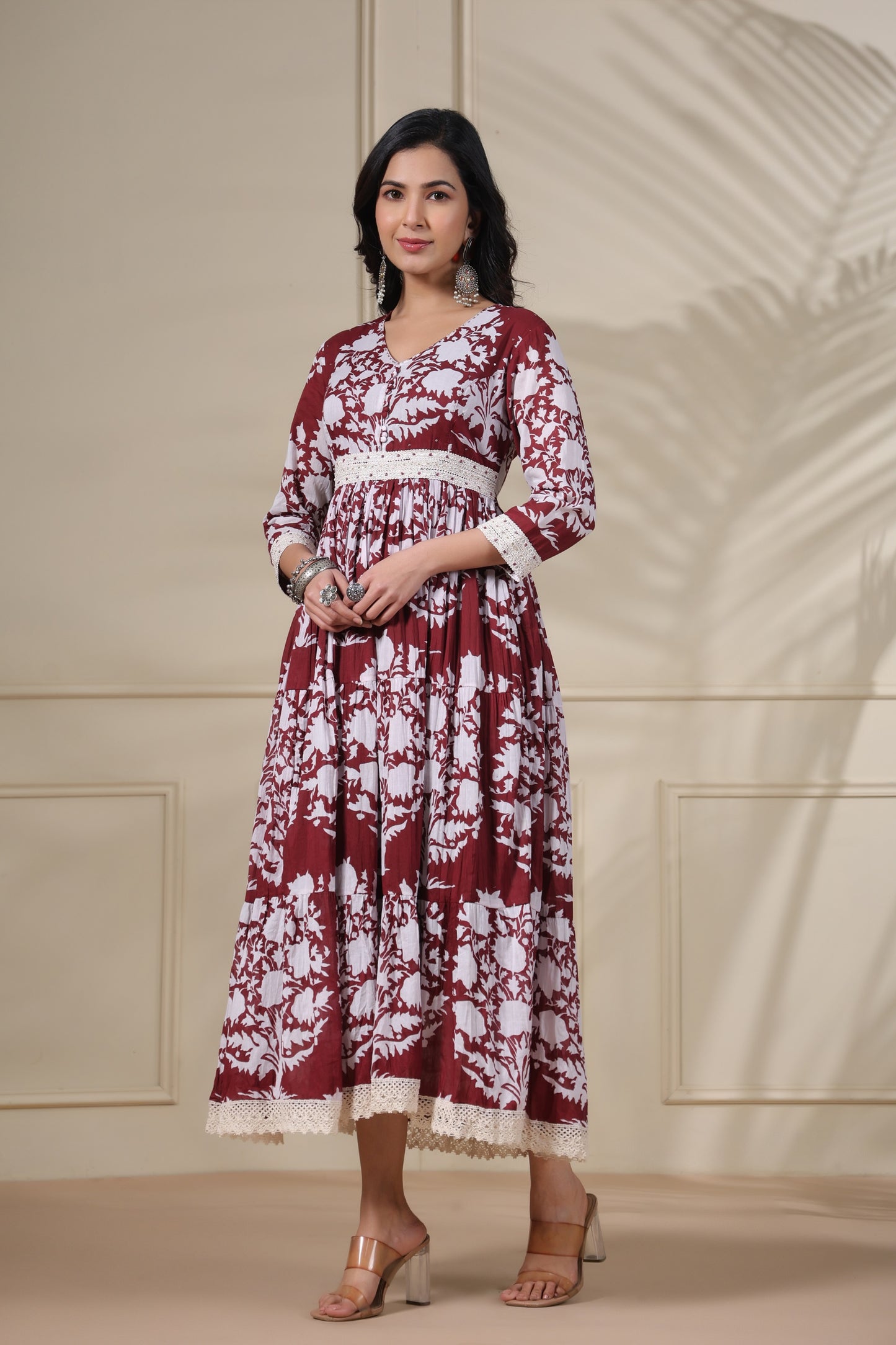 PUKHYA MAROON PRINTED FLARED GOWN WITH EMBROIDERY, LACE AND BUTTON