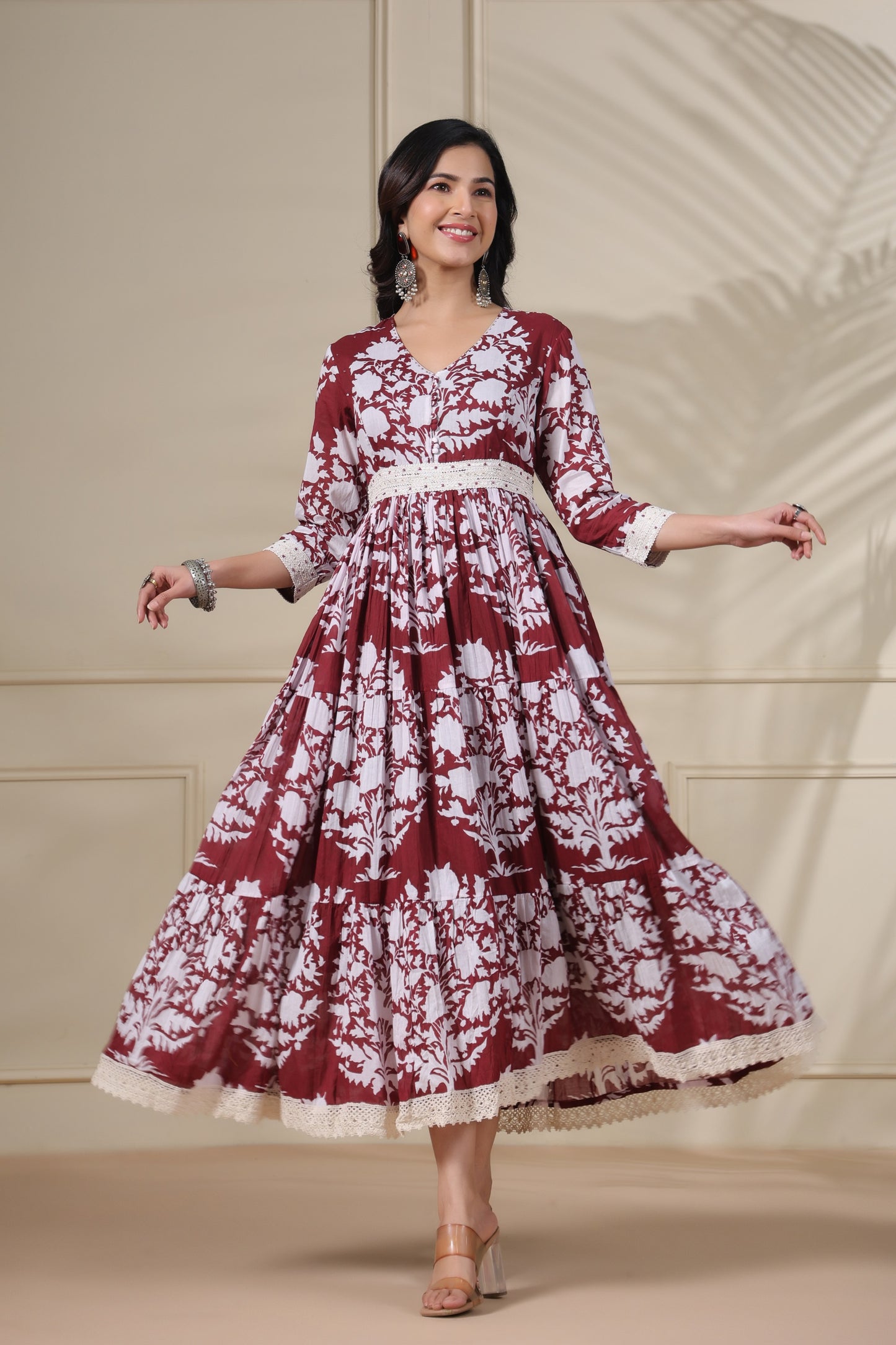 PUKHYA MAROON PRINTED FLARED GOWN WITH EMBROIDERY, LACE AND BUTTON