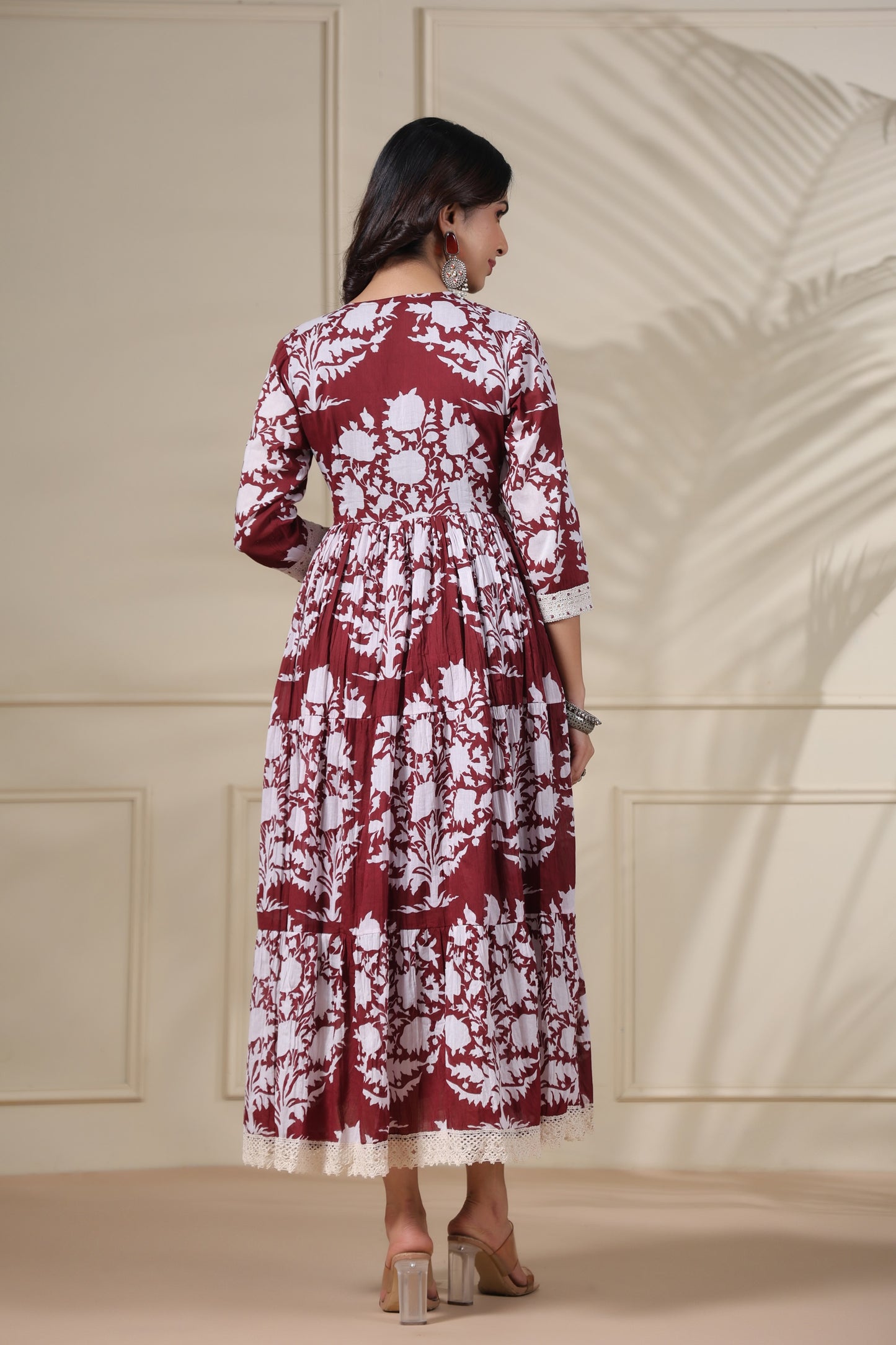 PUKHYA MAROON PRINTED FLARED GOWN WITH EMBROIDERY, LACE AND BUTTON