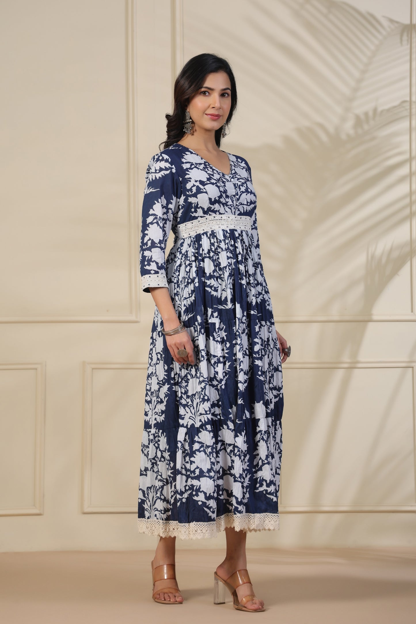 PUKHYA BLUE PRINTED FLARED GOWN WITH EMBROIDERY LACE, AND BUTTON