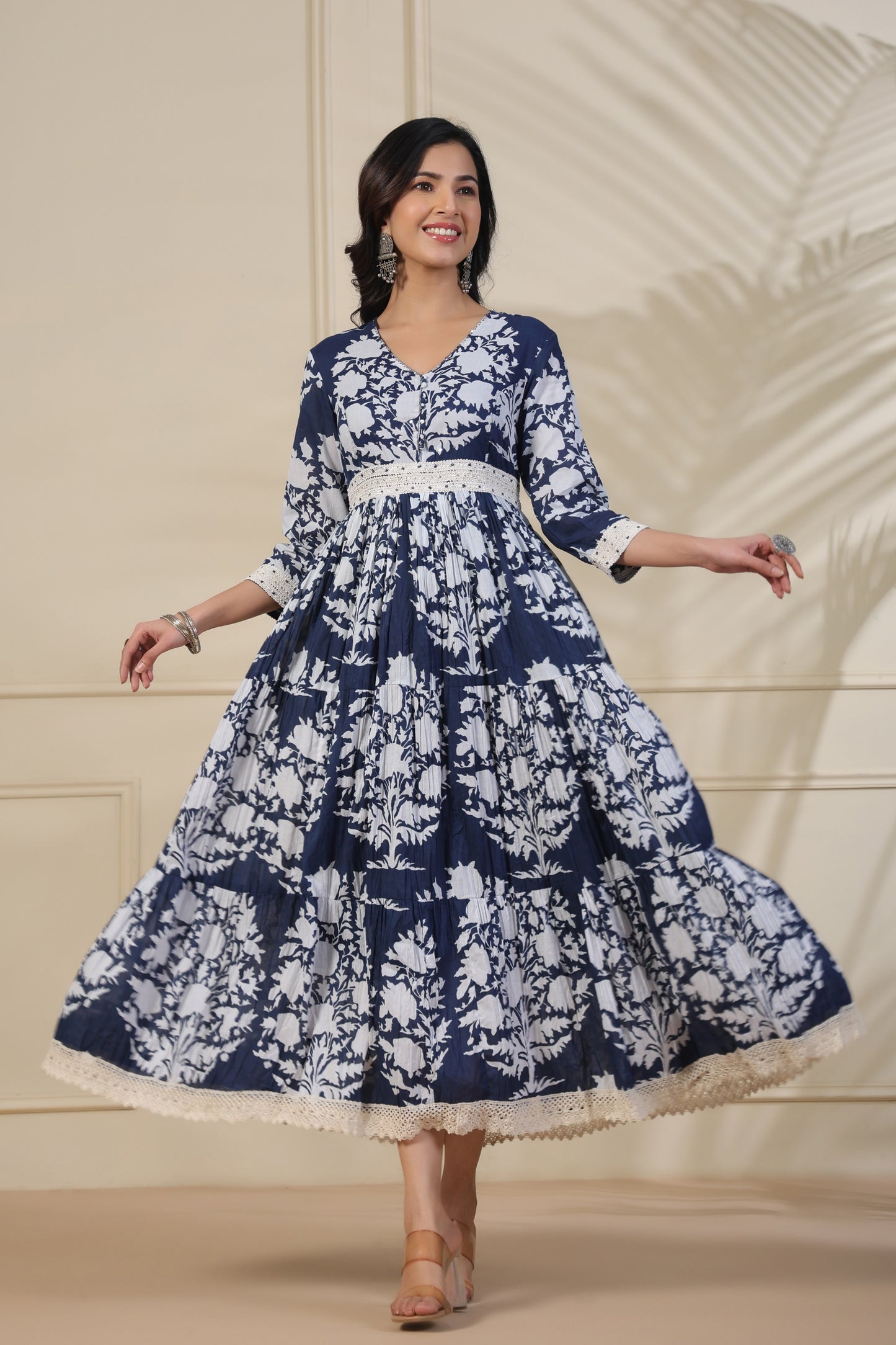 PUKHYA BLUE PRINTED FLARED GOWN WITH EMBROIDERY LACE, AND BUTTON