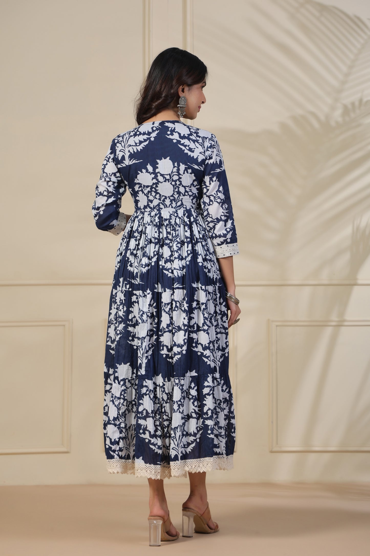 PUKHYA BLUE PRINTED FLARED GOWN WITH EMBROIDERY LACE, AND BUTTON