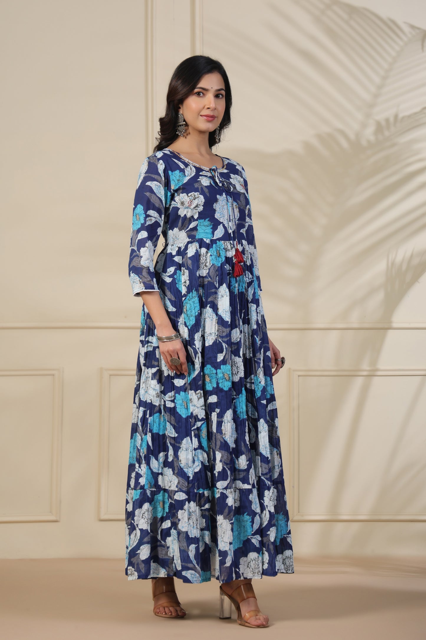 PUKHYA BLUE PRINTED FLARED GOWN WITH ADDA WORK, LACE AND DORI, TUSSLE