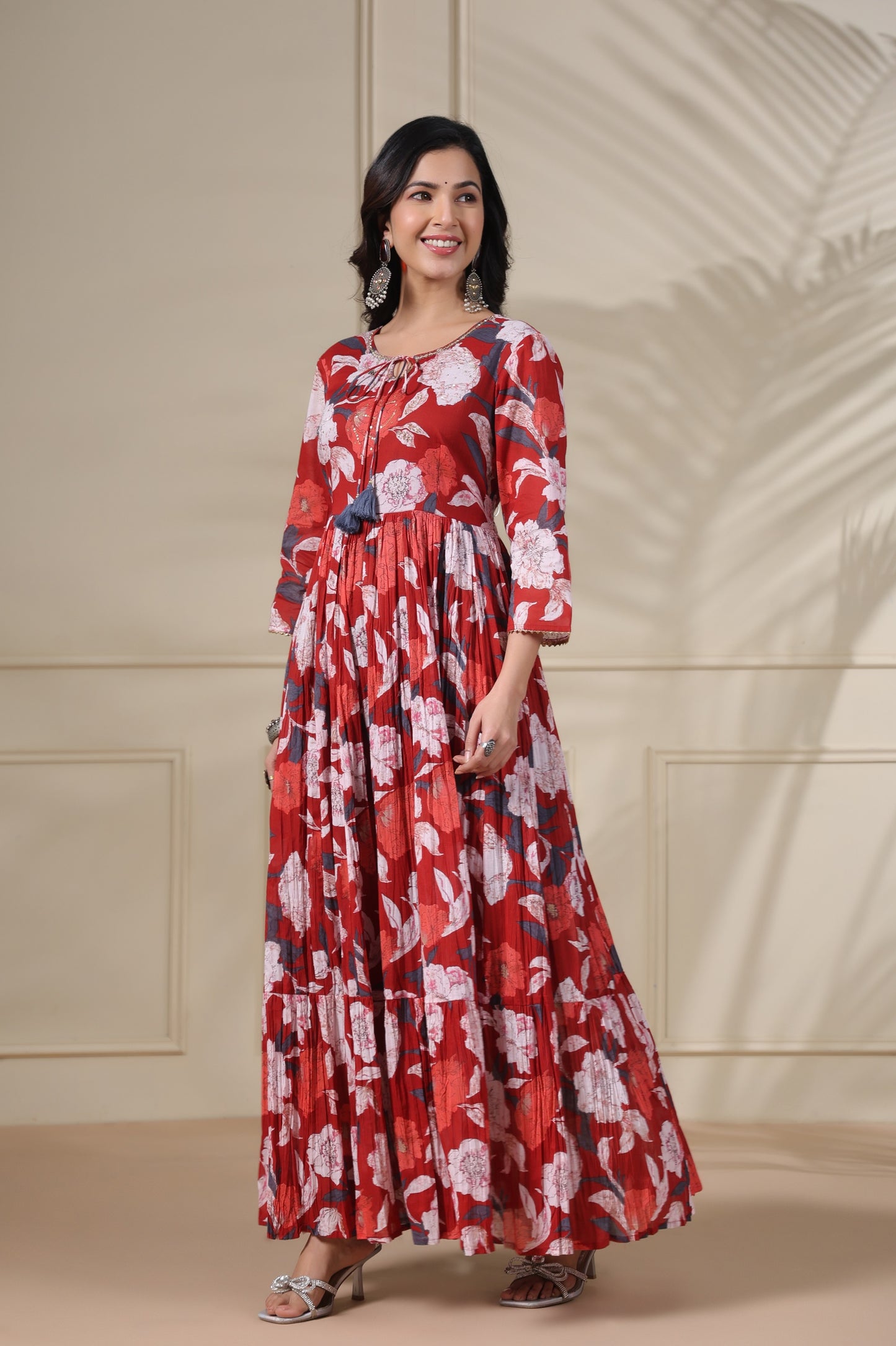 PUKHYA RED PRINTED FLARED GOWN WITH ADDA WORK, LACE AND DORI, TUSSLE