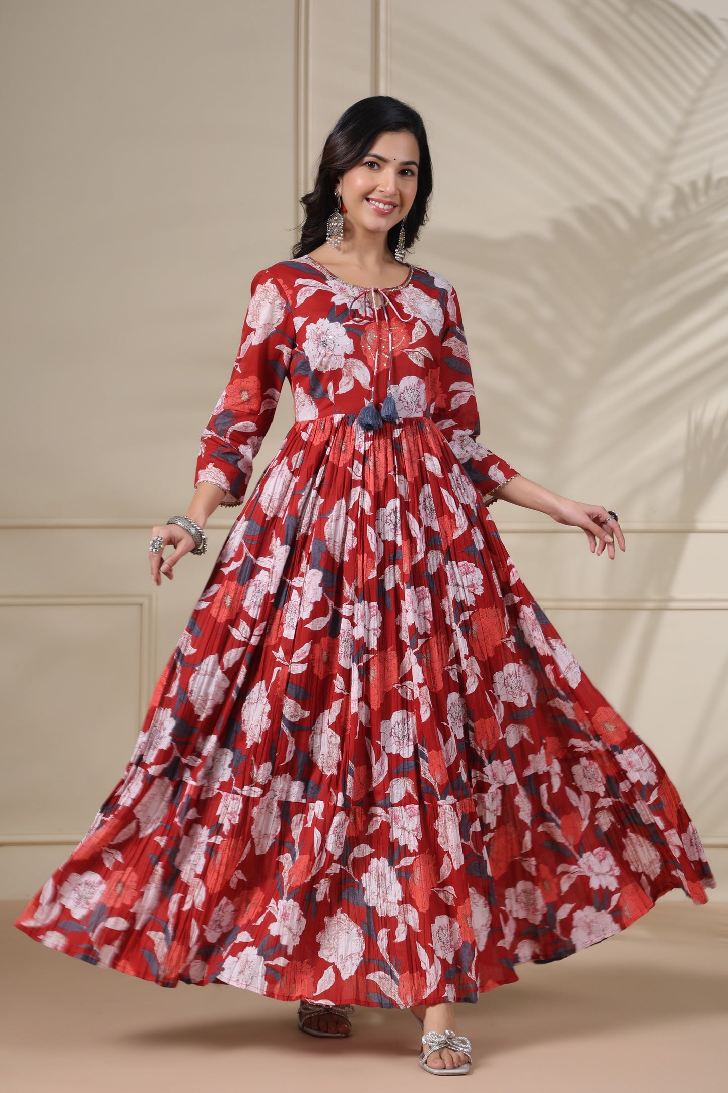 PUKHYA RED PRINTED FLARED GOWN WITH ADDA WORK, LACE AND DORI, TUSSLE