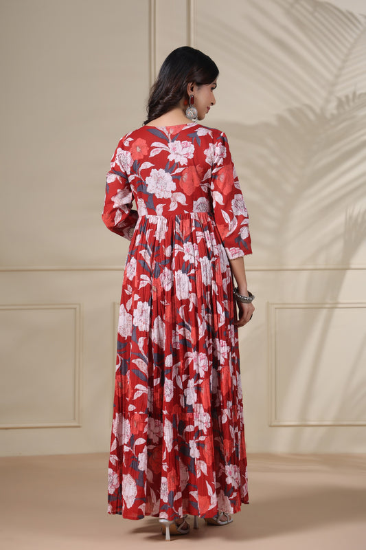 PUKHYA RED PRINTED FLARED GOWN WITH ADDA WORK, LACE AND DORI, TUSSLE