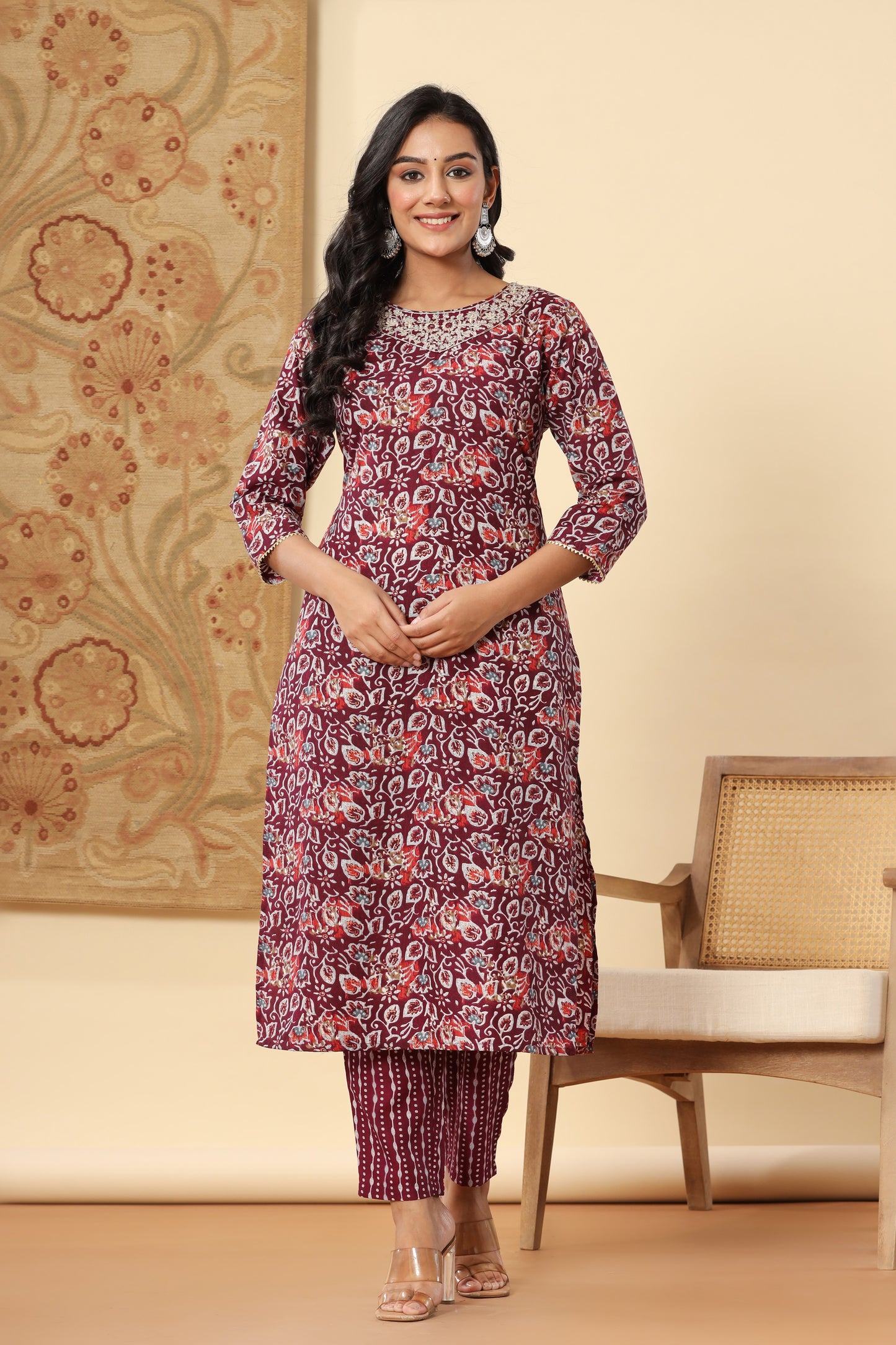 PUKHYA WINE PRINTED EMBROIDERED STRAIGHT FIT KURTA WITH PANT AND VOILE PRINTED DUPATTA