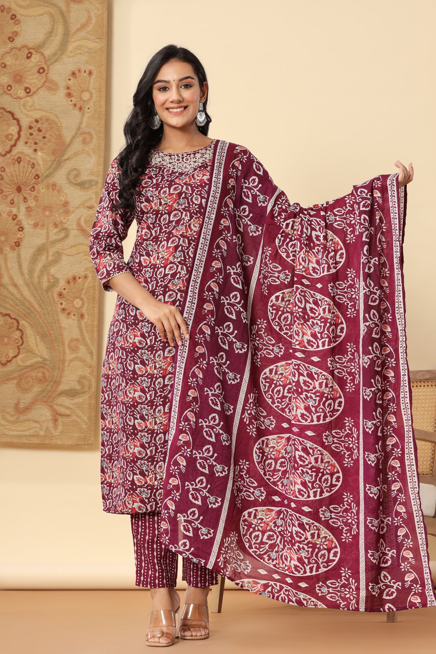 PUKHYA WINE PRINTED EMBROIDERED STRAIGHT FIT KURTA WITH PANT AND VOILE PRINTED DUPATTA