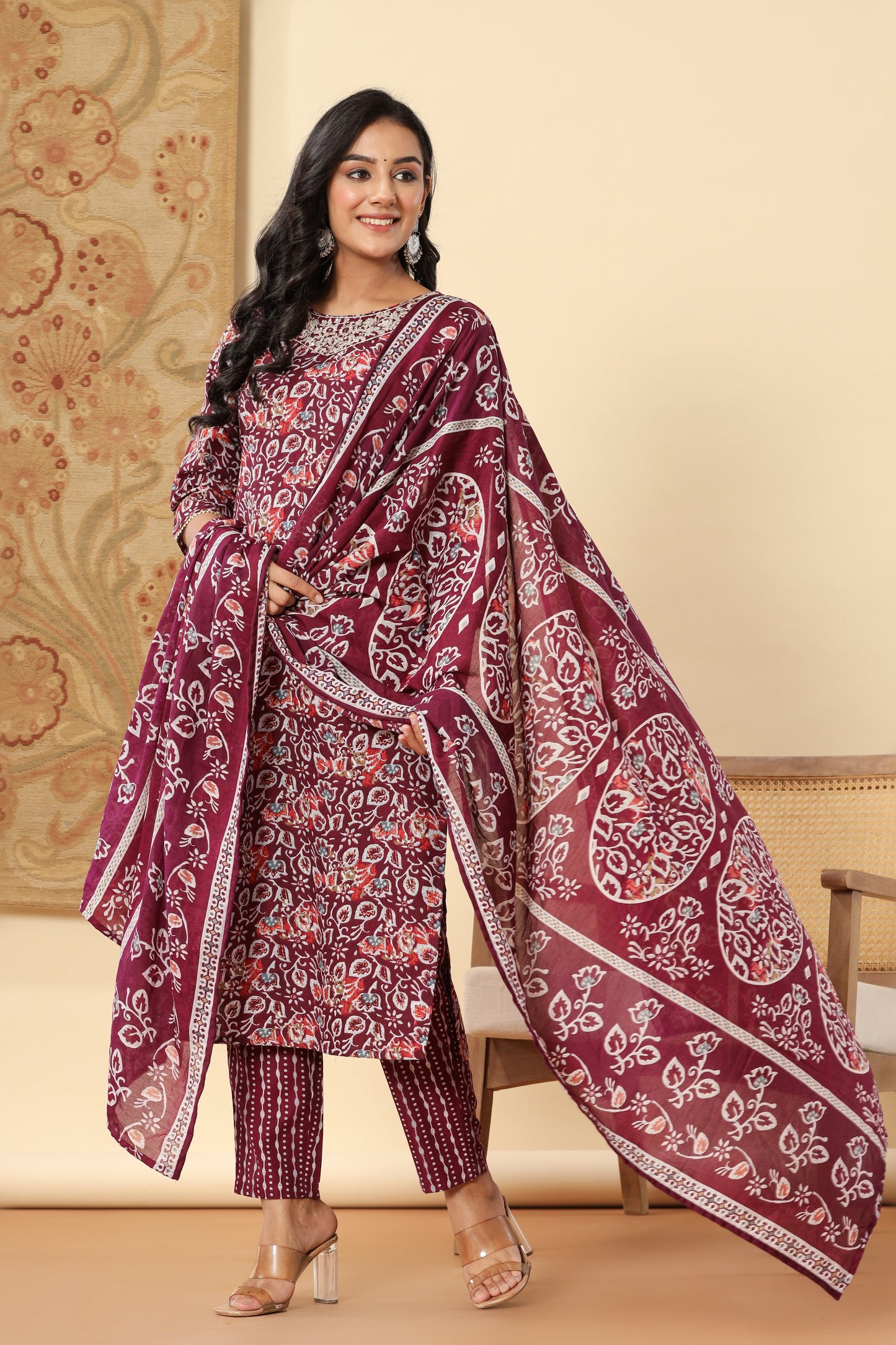 PUKHYA WINE PRINTED EMBROIDERED STRAIGHT FIT KURTA WITH PANT AND VOILE PRINTED DUPATTA