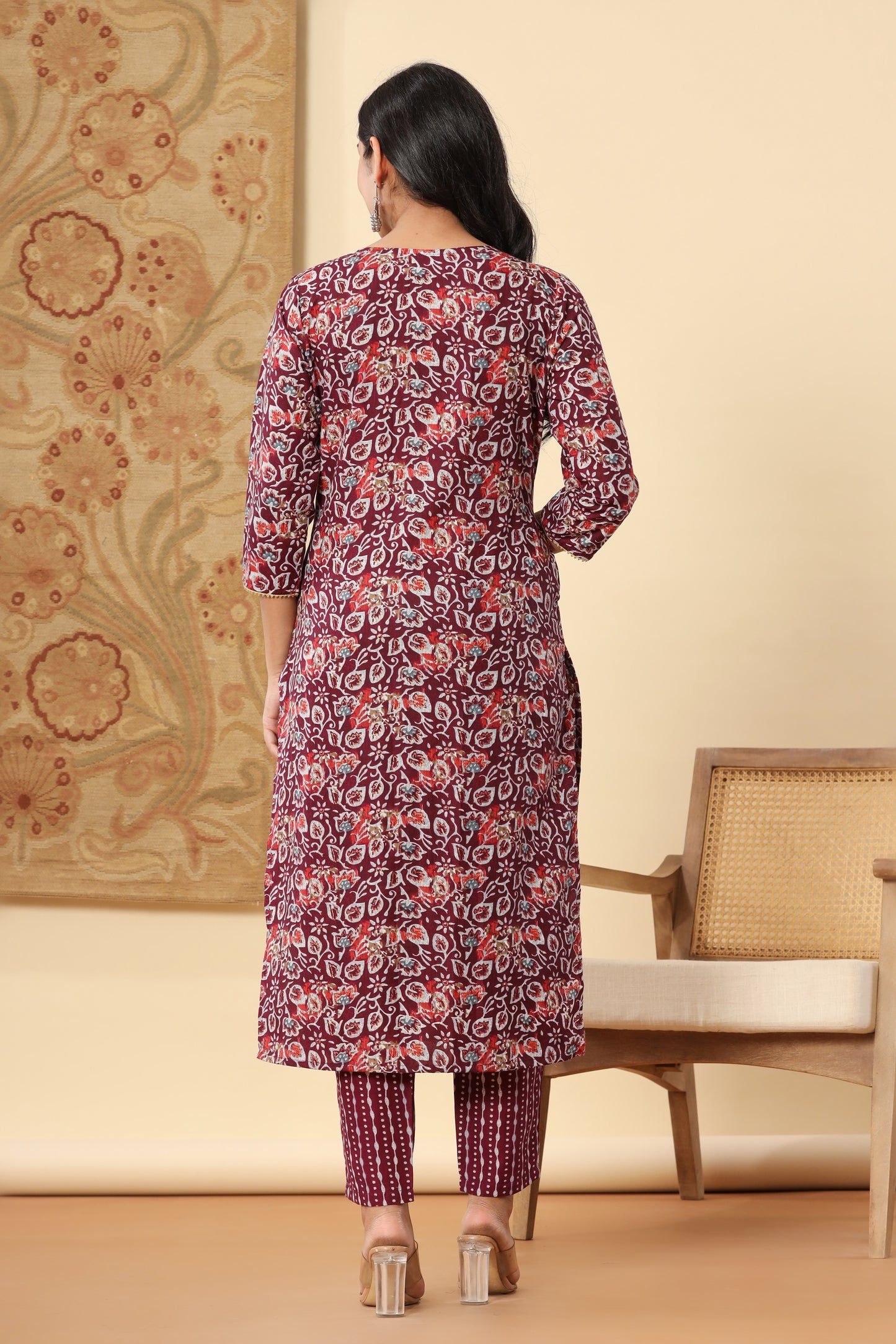 PUKHYA WINE PRINTED EMBROIDERED STRAIGHT FIT KURTA WITH PANT AND VOILE PRINTED DUPATTA