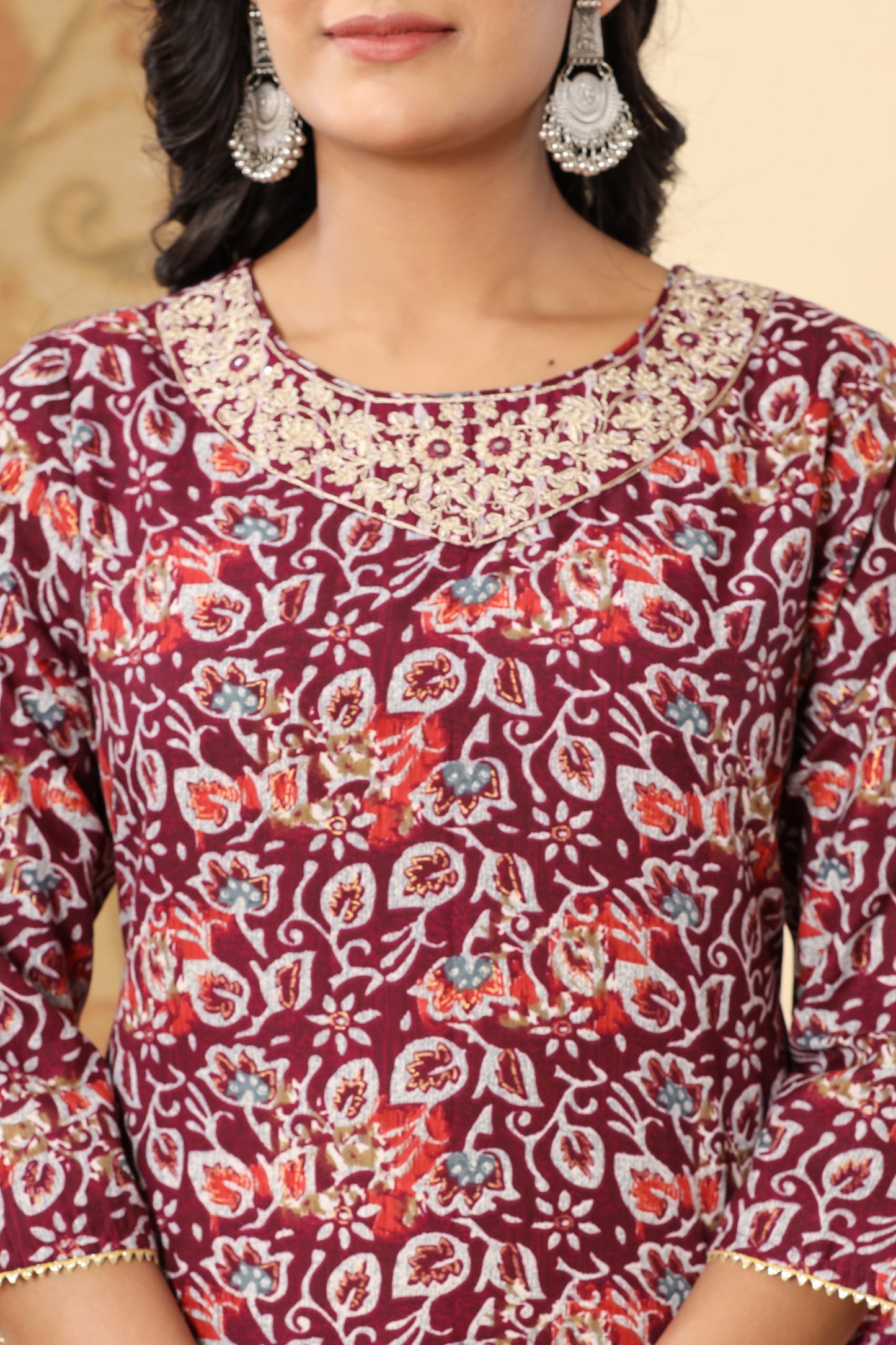 PUKHYA WINE PRINTED EMBROIDERED STRAIGHT FIT KURTA WITH PANT AND VOILE PRINTED DUPATTA