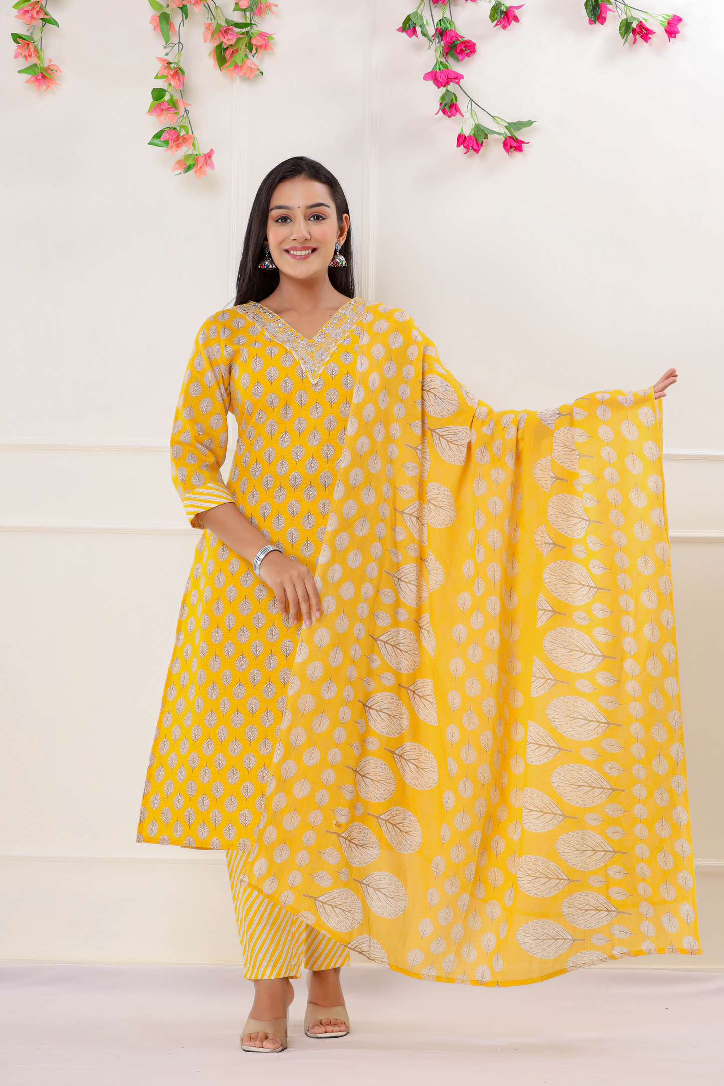 PUKHYA YELLOW PRINTED EMBROIDERED STRAIGHT FIT KURTA WITH PANT AND VOILE PRINTED DUPATTA