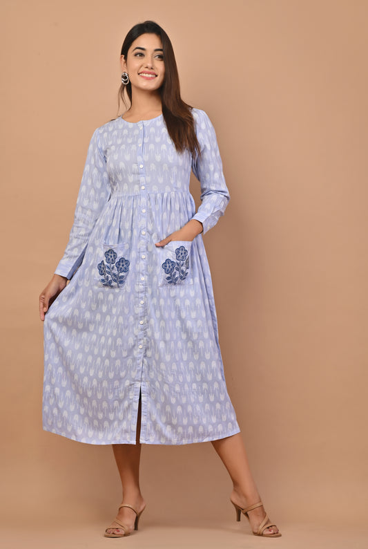 PUKHYA WOMEN'S BLUE PRINTED VISCOSE DRESS WITH EMBRIODERY