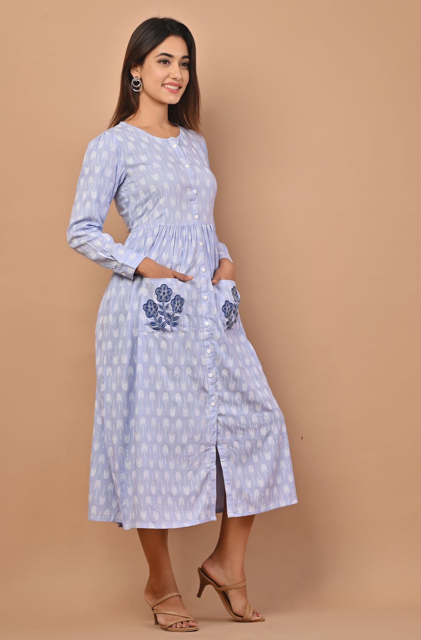 PUKHYA WOMEN'S BLUE PRINTED VISCOSE DRESS WITH EMBRIODERY