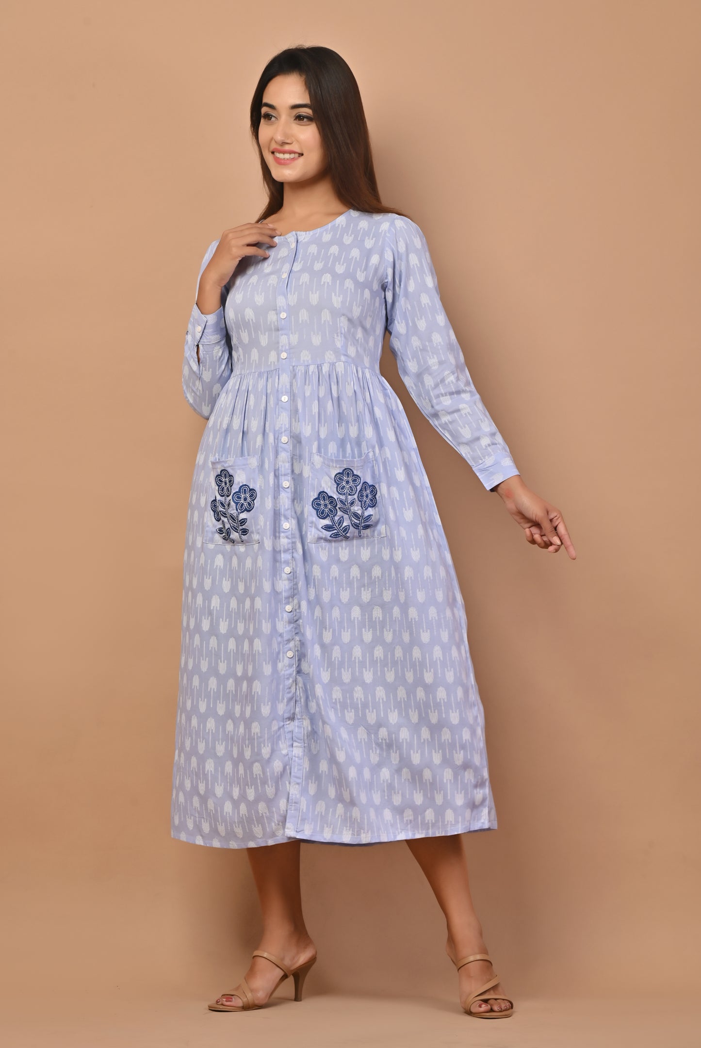 PUKHYA WOMEN'S BLUE PRINTED VISCOSE DRESS WITH EMBRIODERY